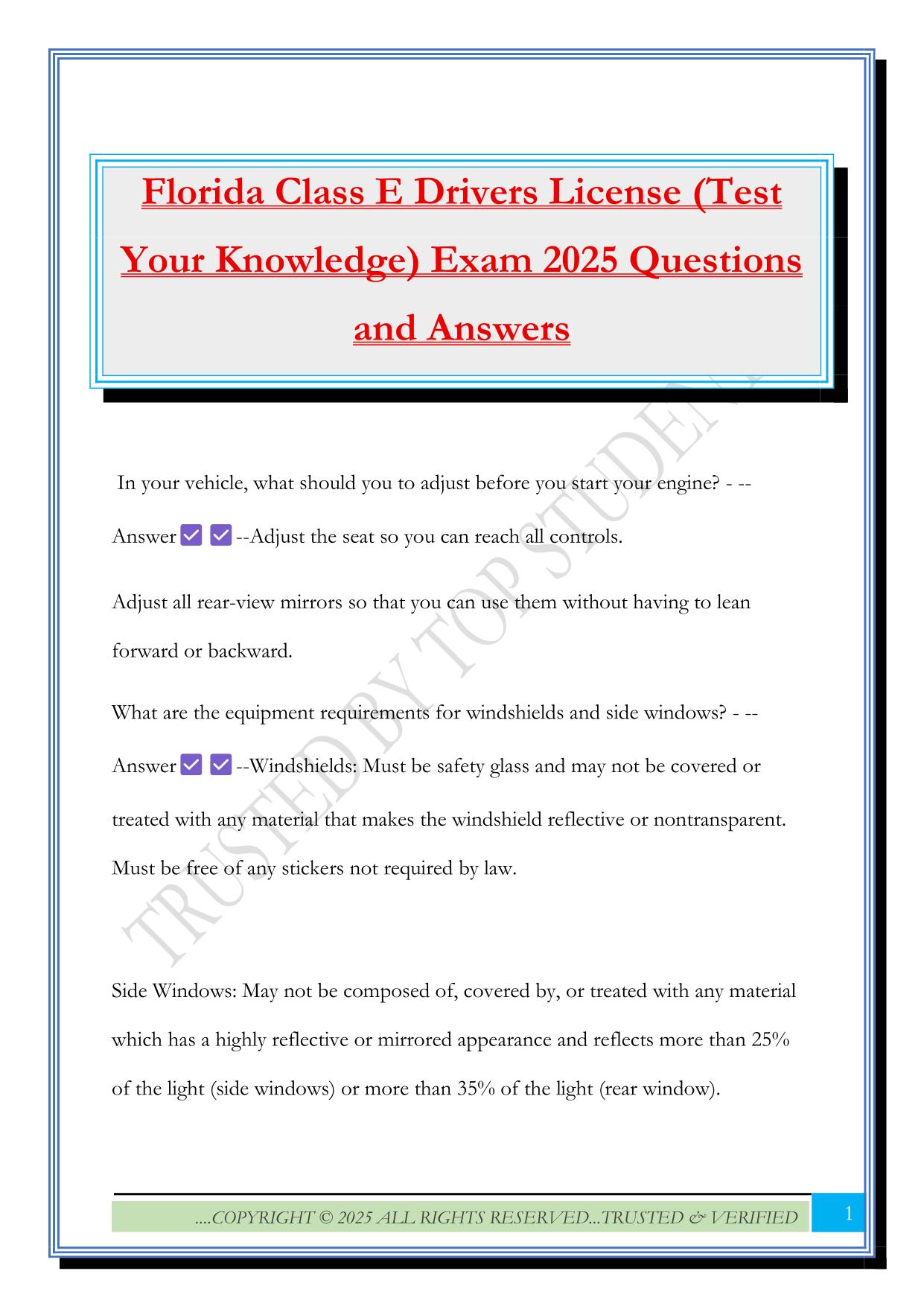 Florida Class E Drivers License (Test Your Knowledge) Exam 2025 Questions and Answers