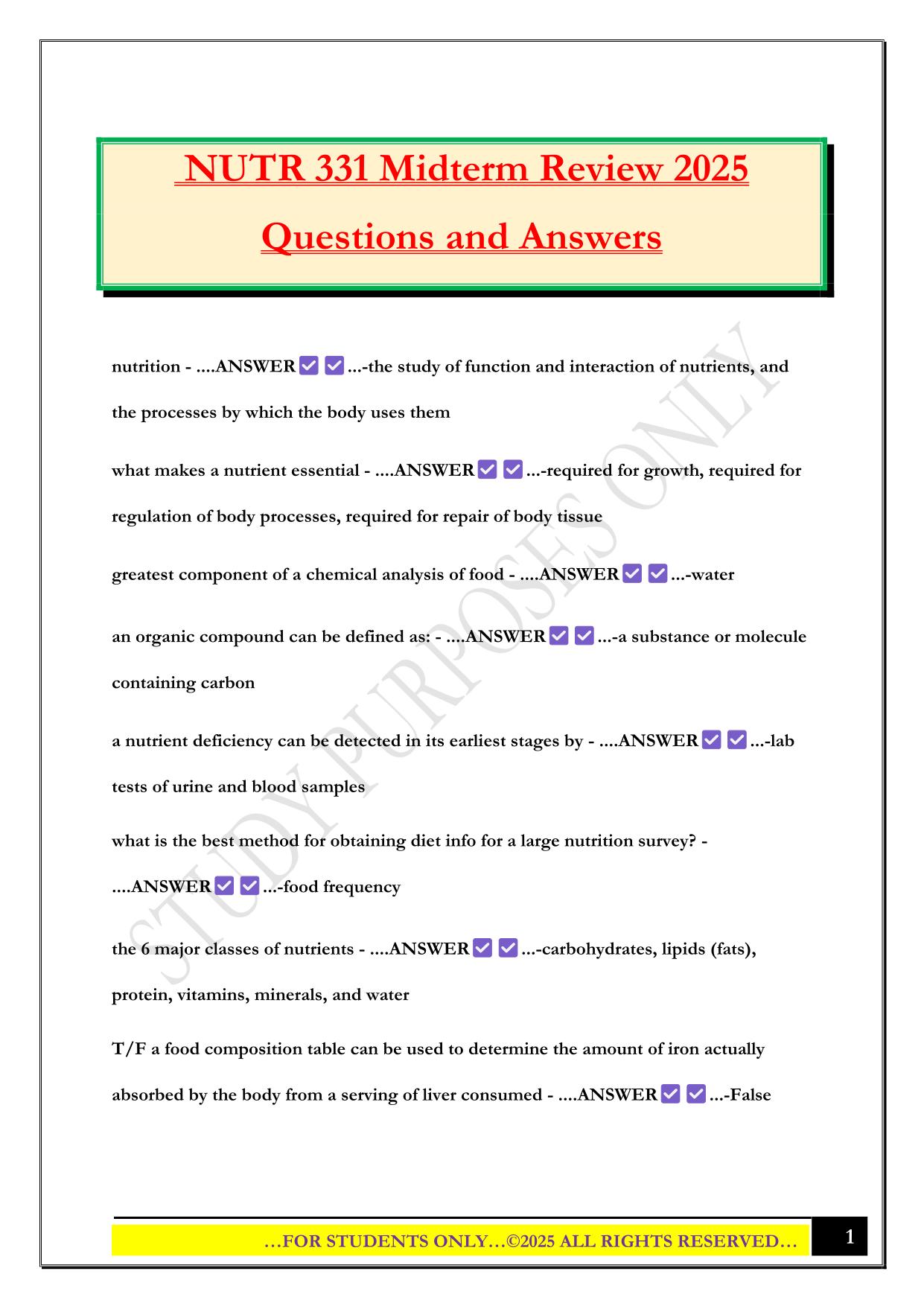 NUTR 331 Midterm Review 2025 Questions and Answers