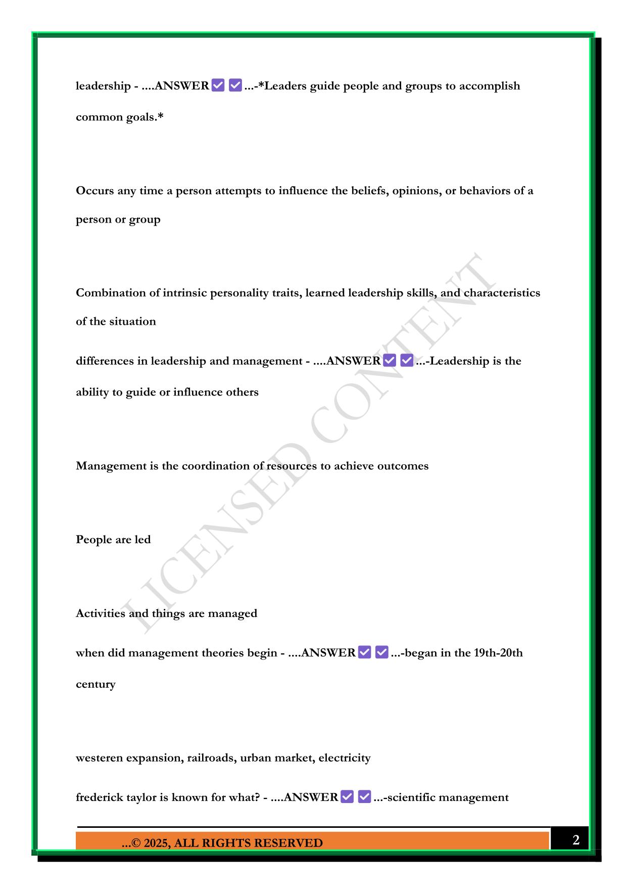 LEADERSHIP - LEADERSHIP AND MANAGEMENT EXAM 2025 QUESTIONS AND ANSWERS