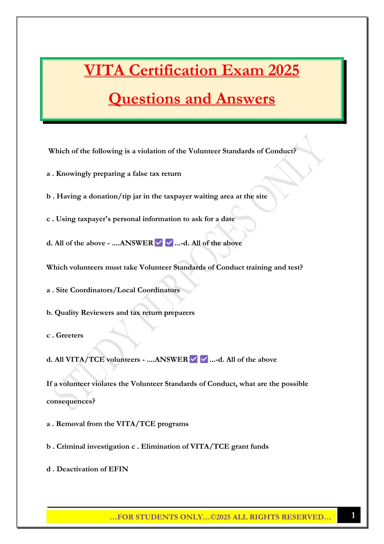 VITA Certification Exam 2025 Questions and Answers