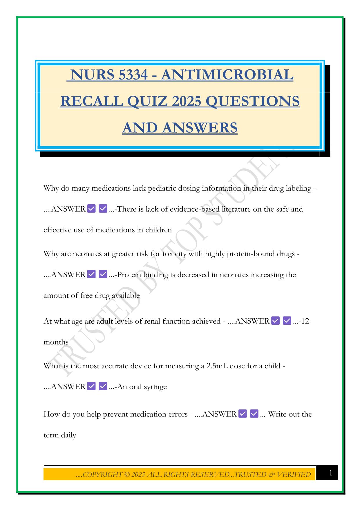 NURS 5334 - ANTIMICROBIAL RECALL QUIZ 2025 QUESTIONS AND ANSWERS