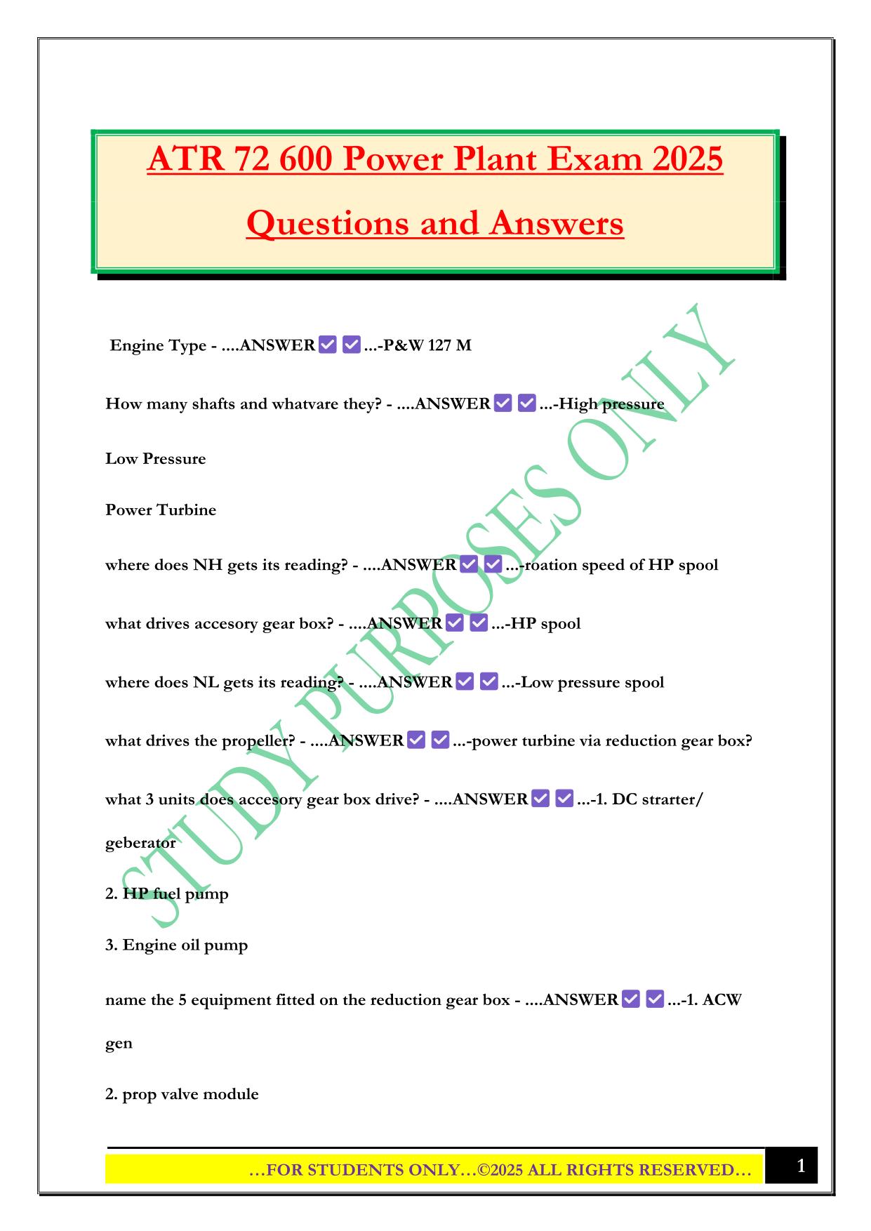 ATR 72 600 Power Plant Exam 2025 Questions and Answers