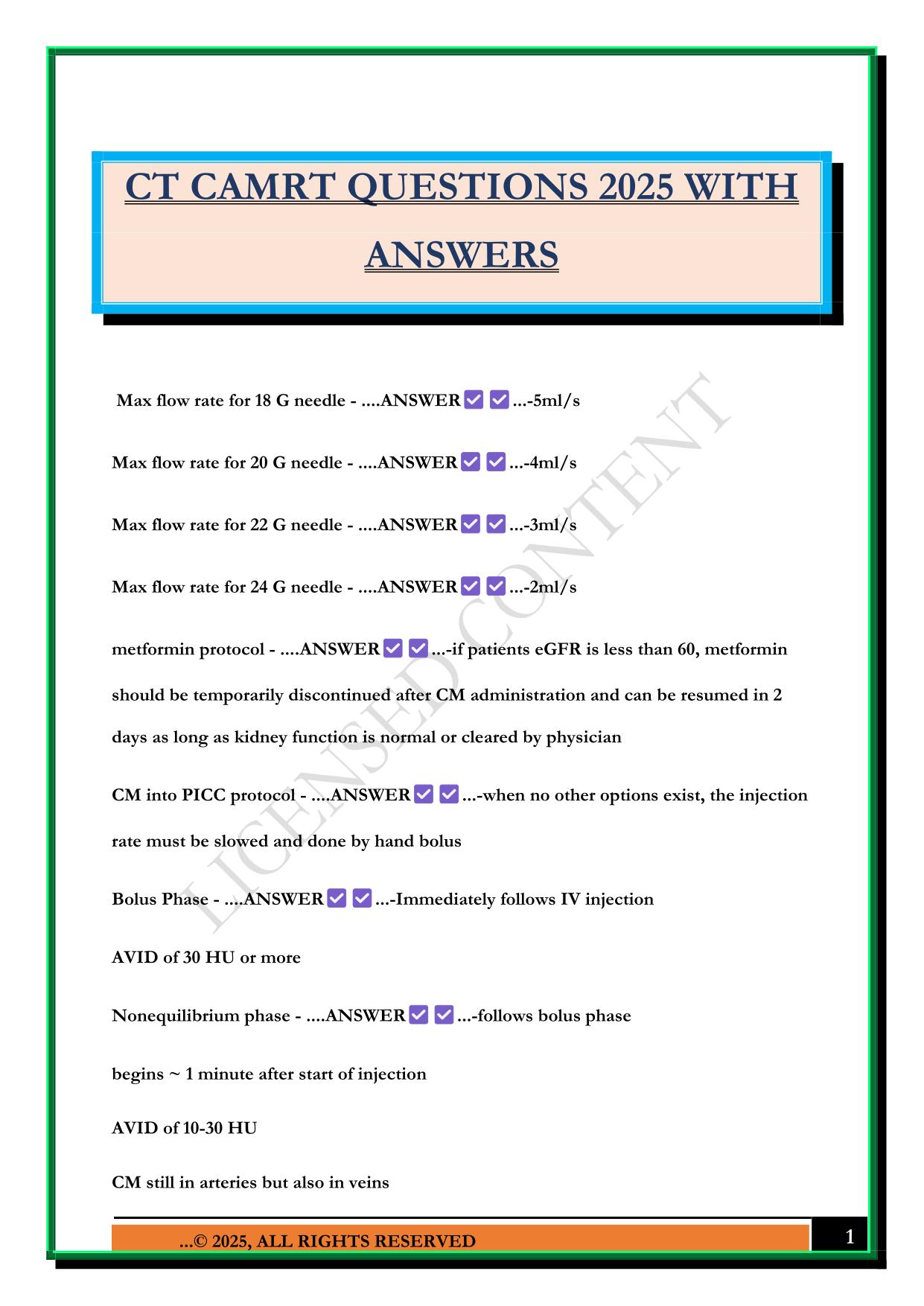 CT CAMRT QUESTIONS 2025 WITH ANSWERS
