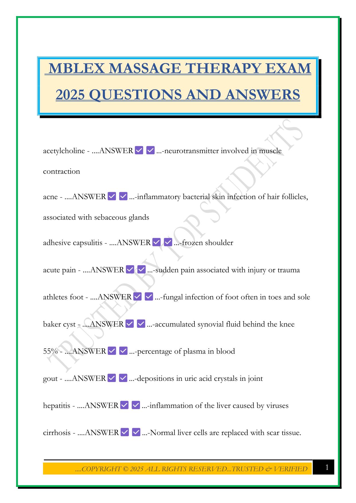 MBLEX MASSAGE THERAPY EXAM 2025 QUESTIONS AND ANSWERS