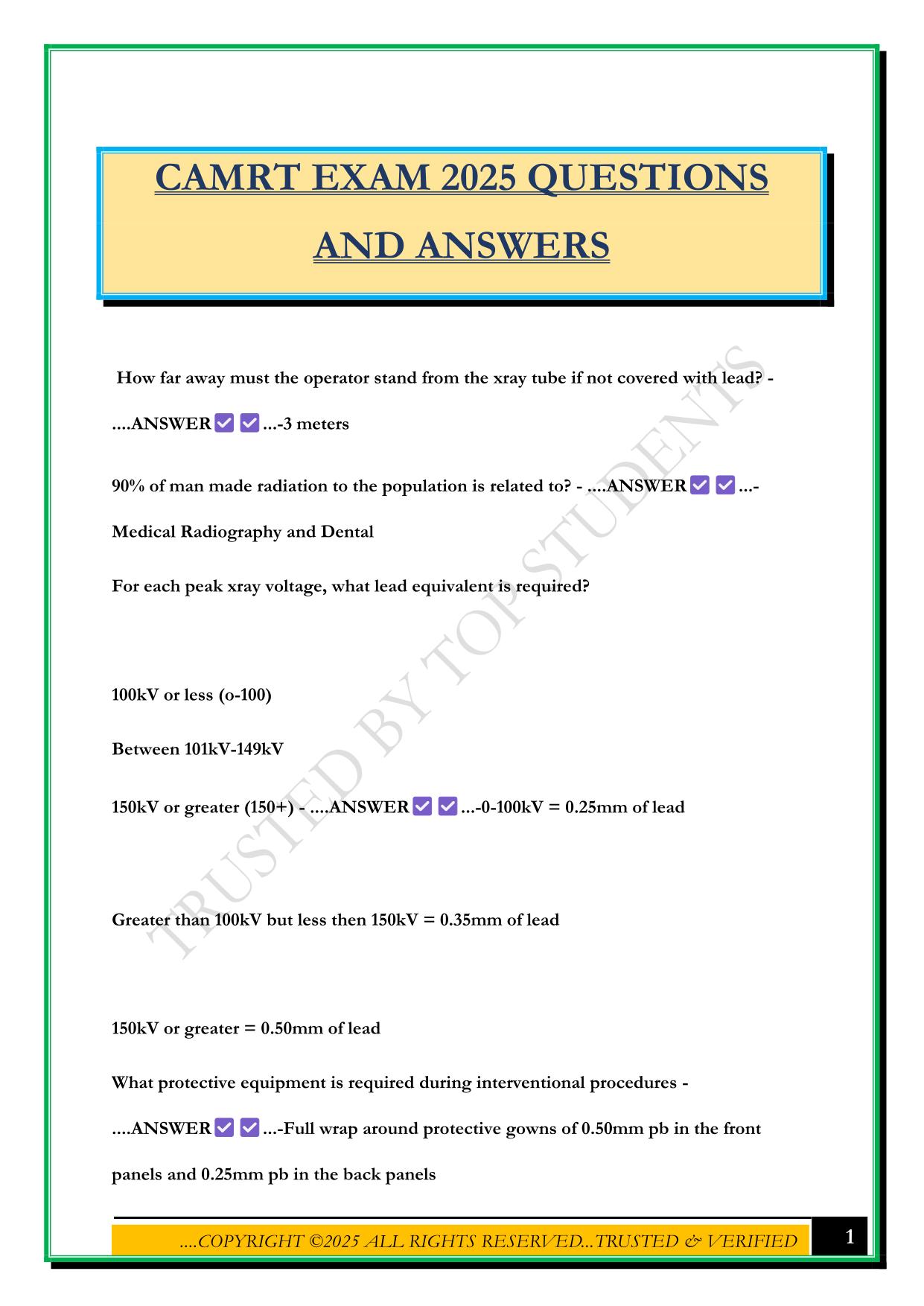 CAMRT EXAM 2025 QUESTIONS AND ANSWERS