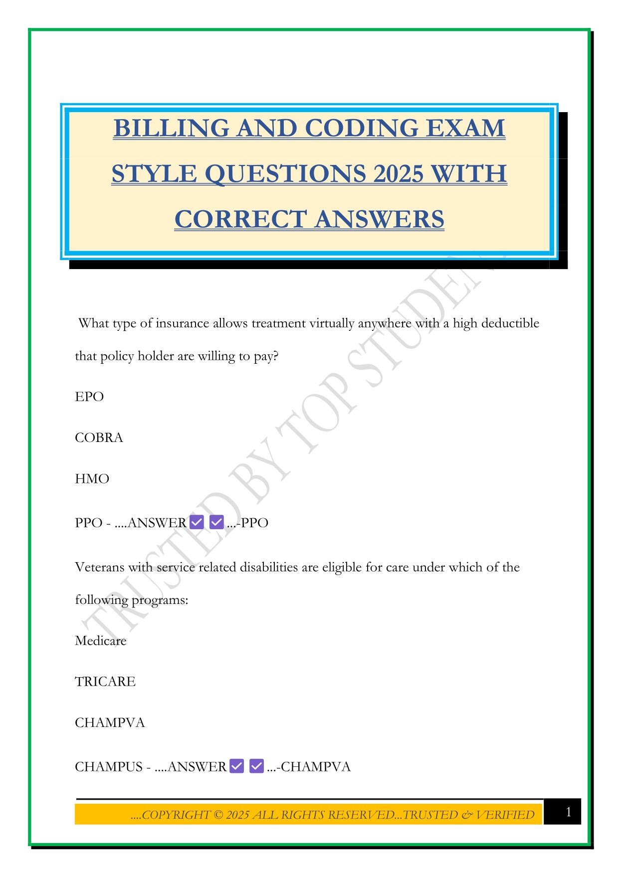 BILLING AND CODING EXAM STYLE QUESTIONS 2025 WITH CORRECT ANSWERS