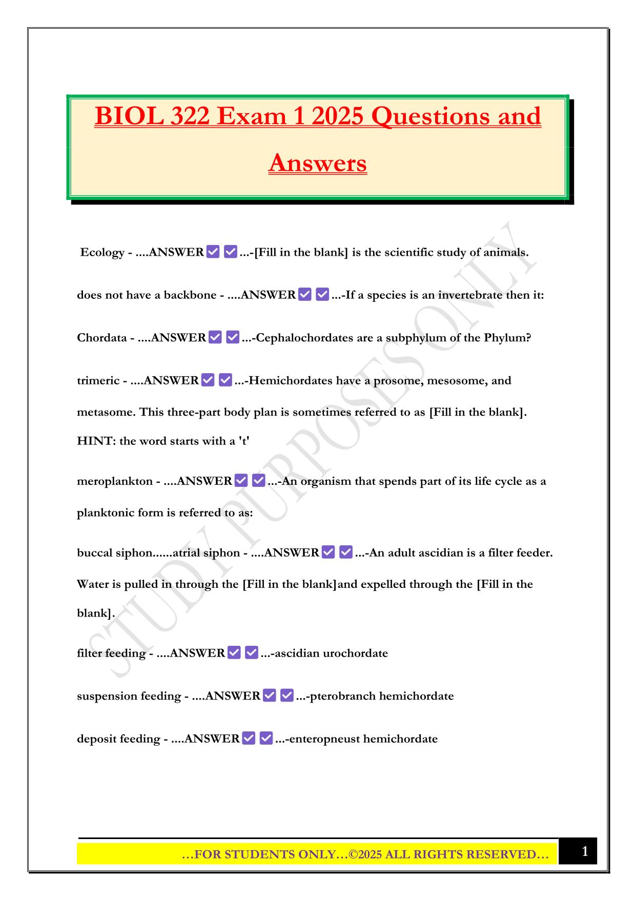 BIOL 322 Exam 1 2025 Questions and Answers