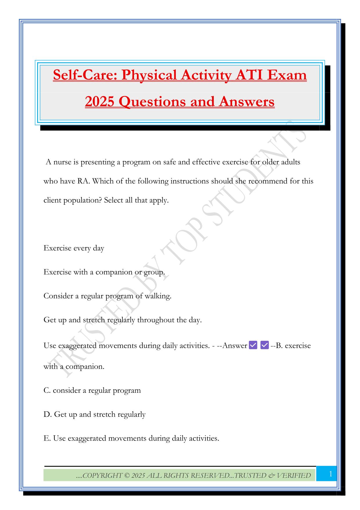 Self-Care: Physical Activity ATI Exam 2025 Questions and Answers