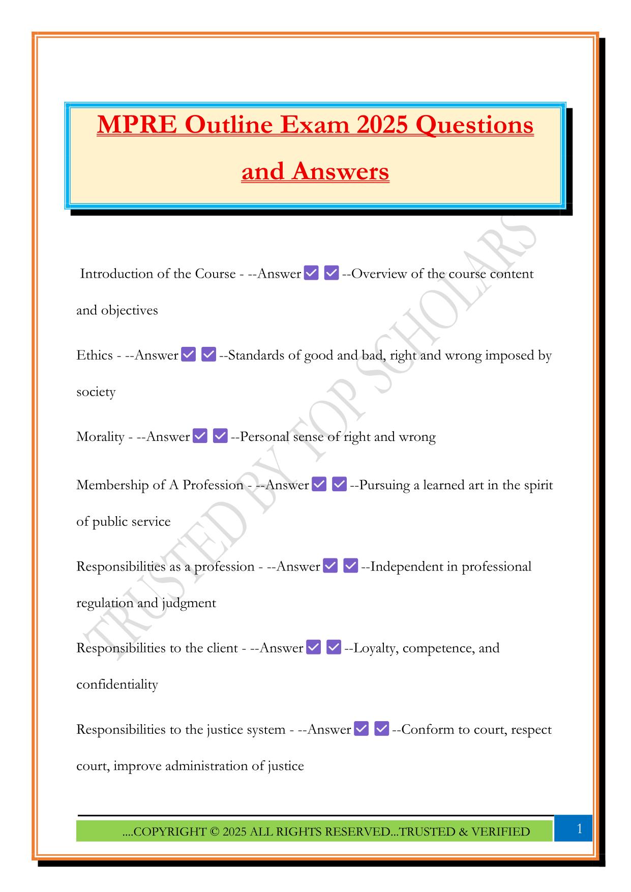 MPRE Outline Exam 2025 Questions and Answers