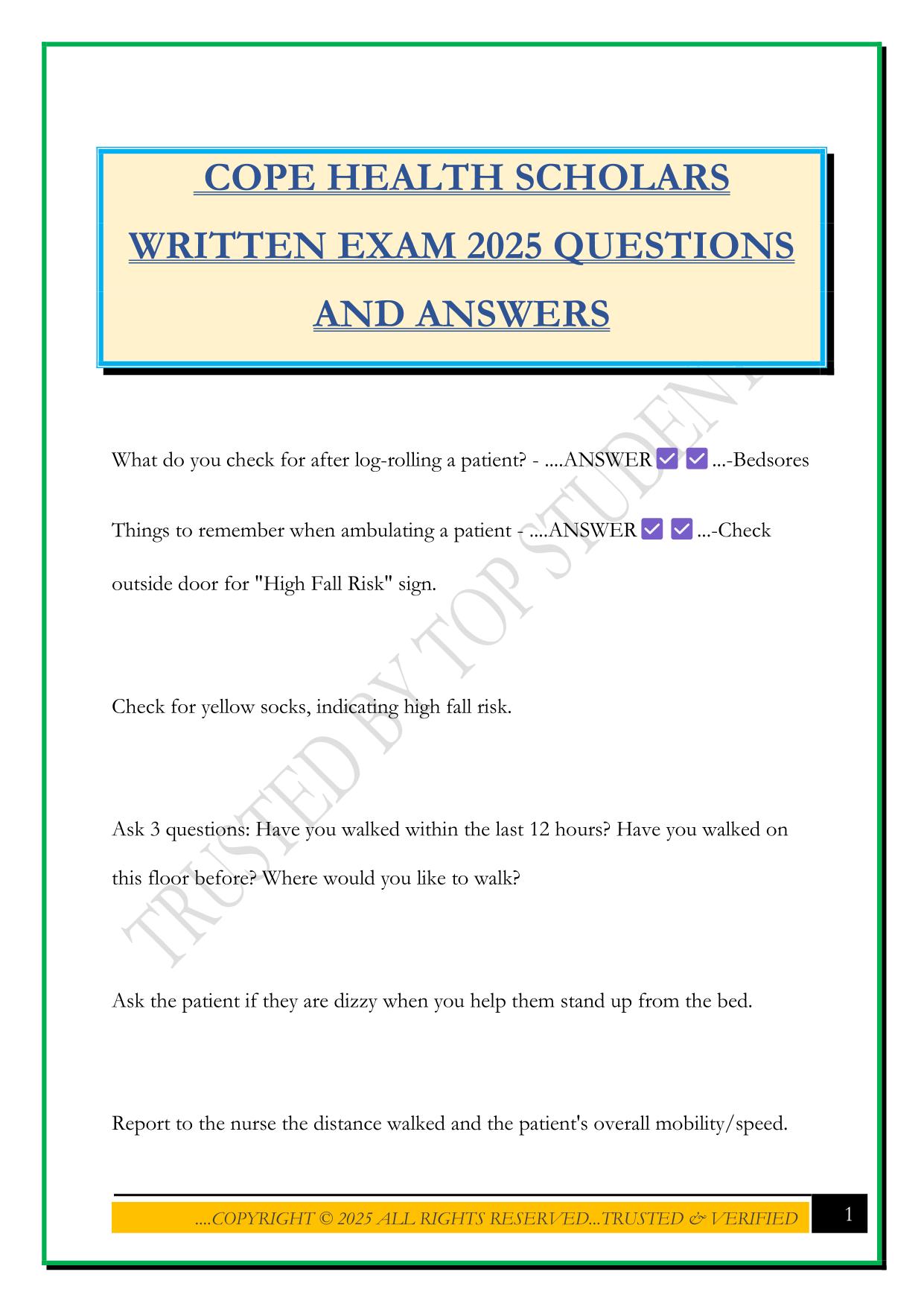 COPE HEALTH SCHOLARS WRITTEN EXAM 2025 QUESTIONS AND ANSWERS