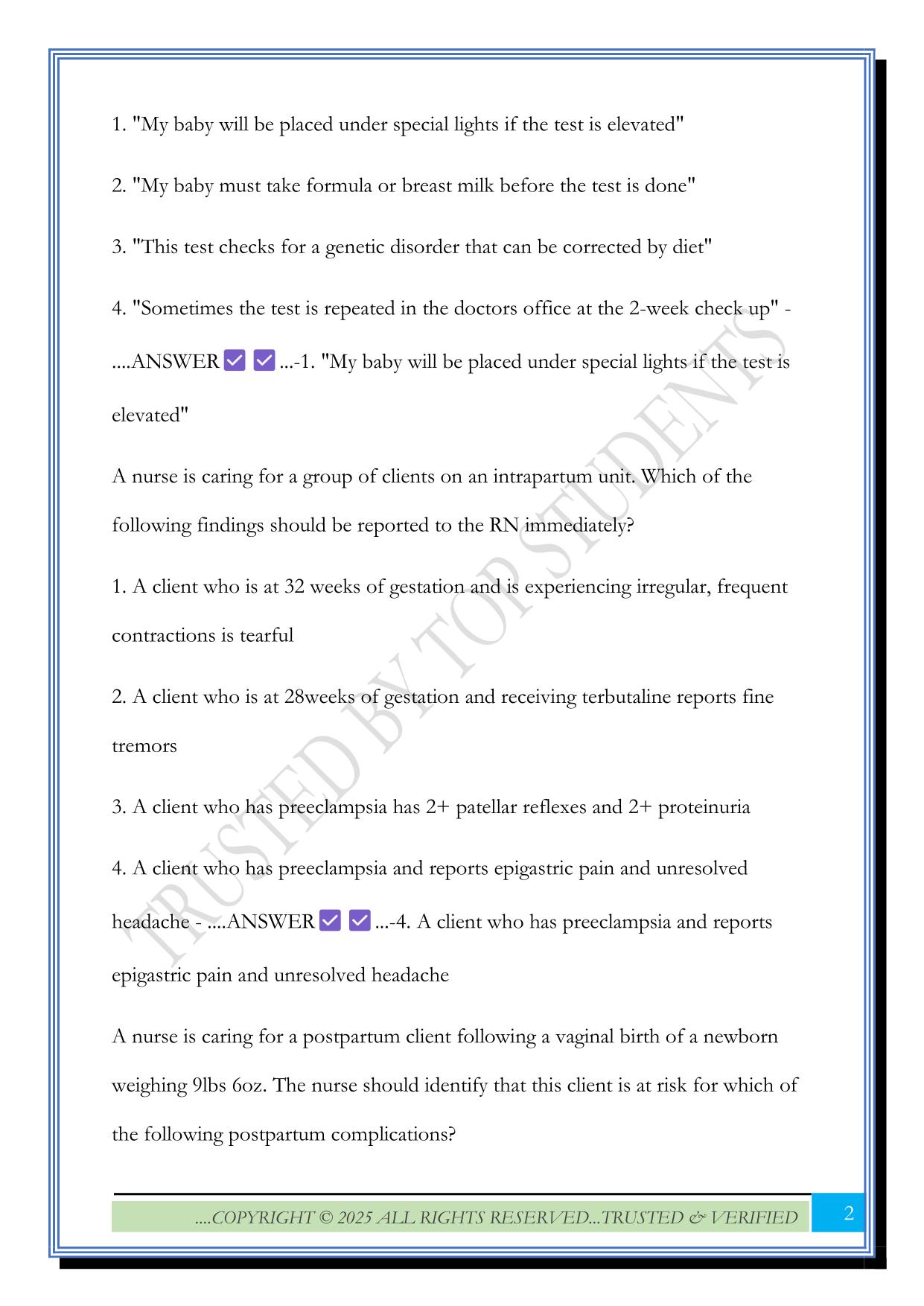 VIRTUAL ATI MATERNAL NEWBORN PRE-ASSESSMENT QUIZ 2025 QUESTIONS AND ANSWERS |100% SOLVED