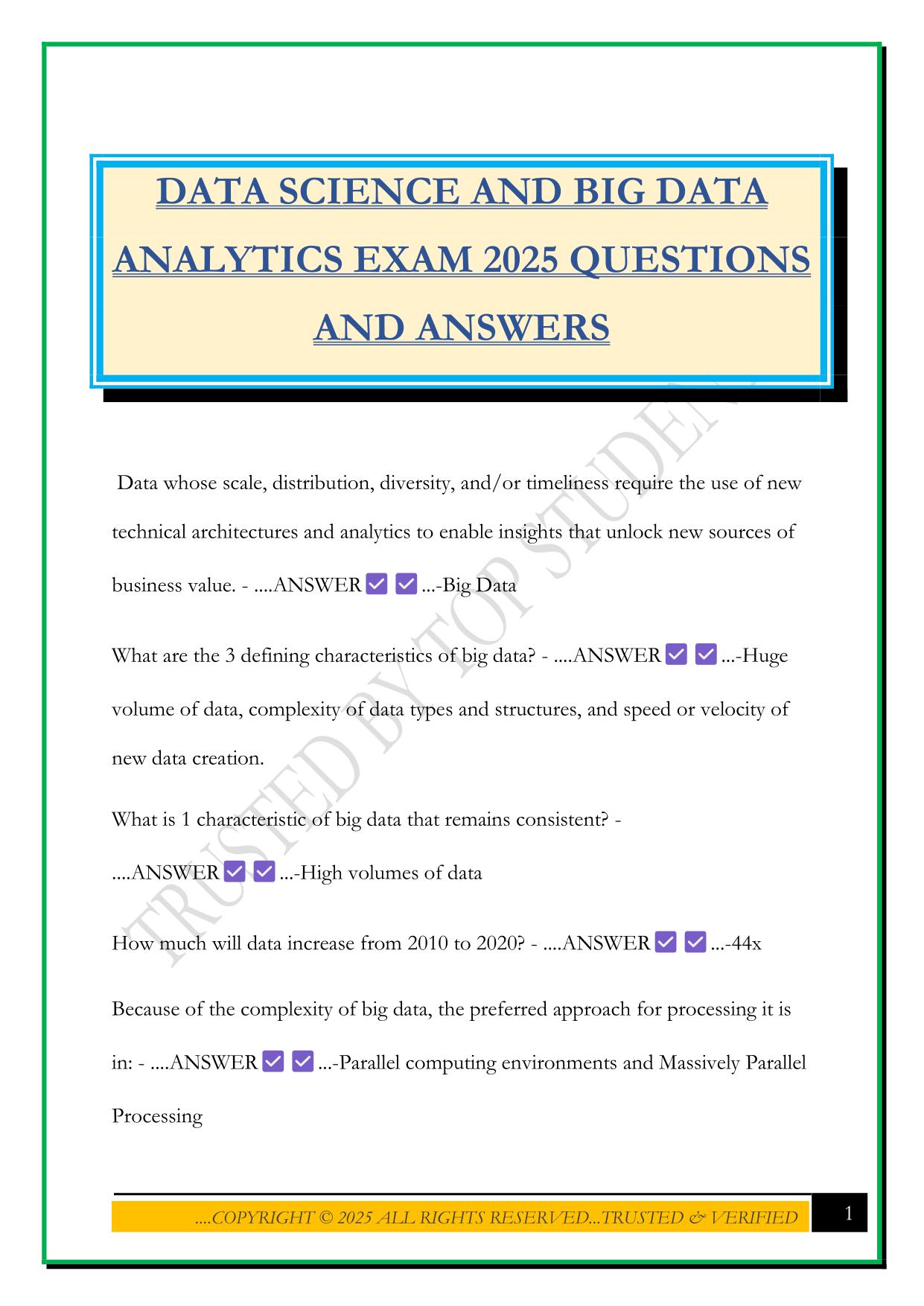 DATA SCIENCE AND BIG DATA ANALYTICS EXAM 2025 QUESTIONS AND ANSWERS