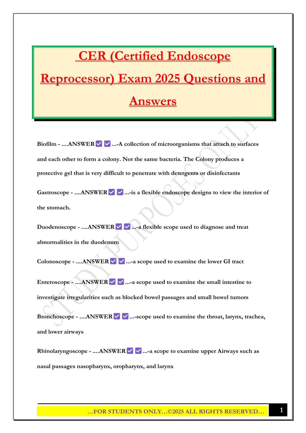 CER (Certified Endoscope Reprocessor) Exam 2025 Questions and Answers