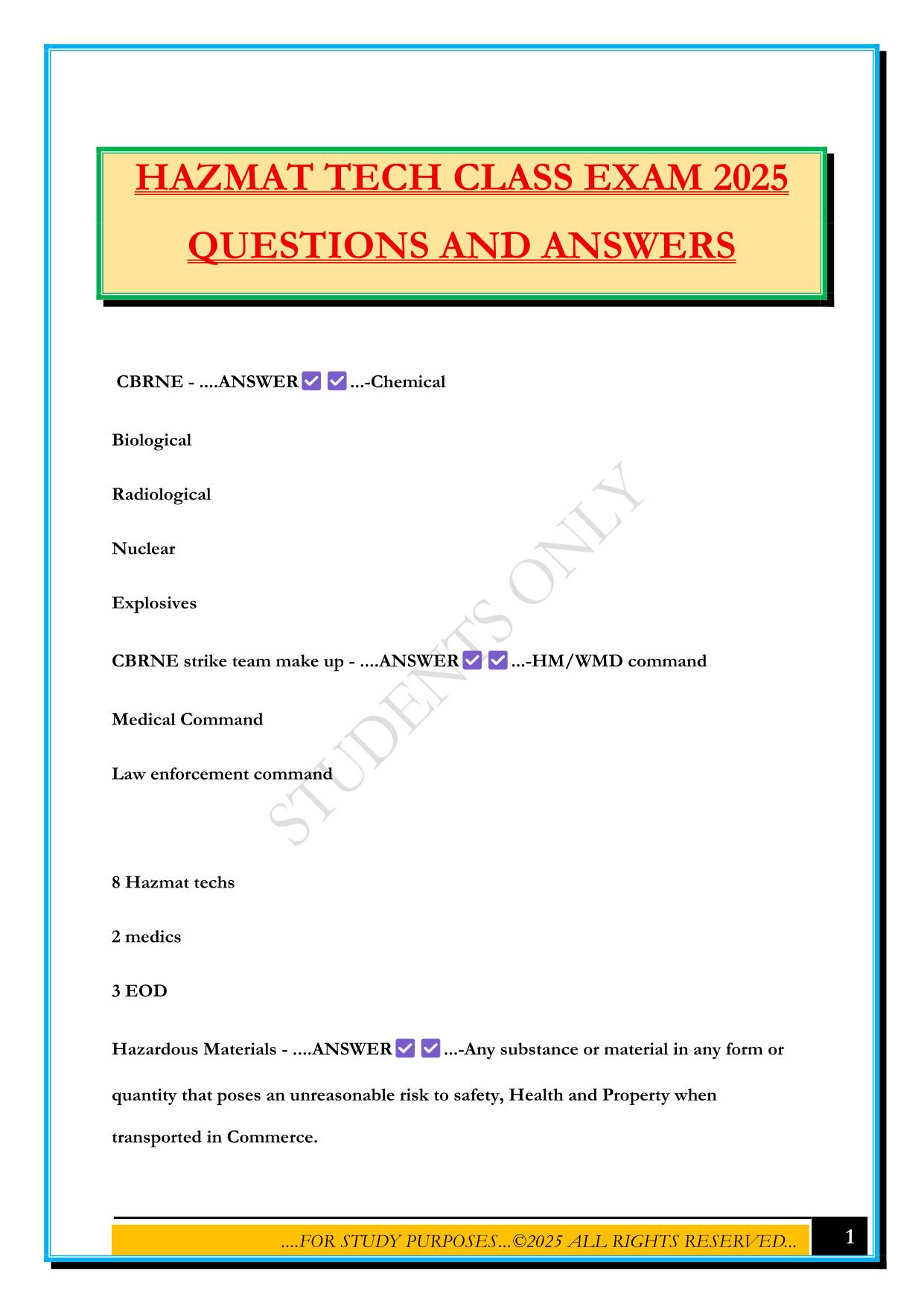 HAZMAT TECH CLASS EXAM 2025 QUESTIONS AND ANSWERS