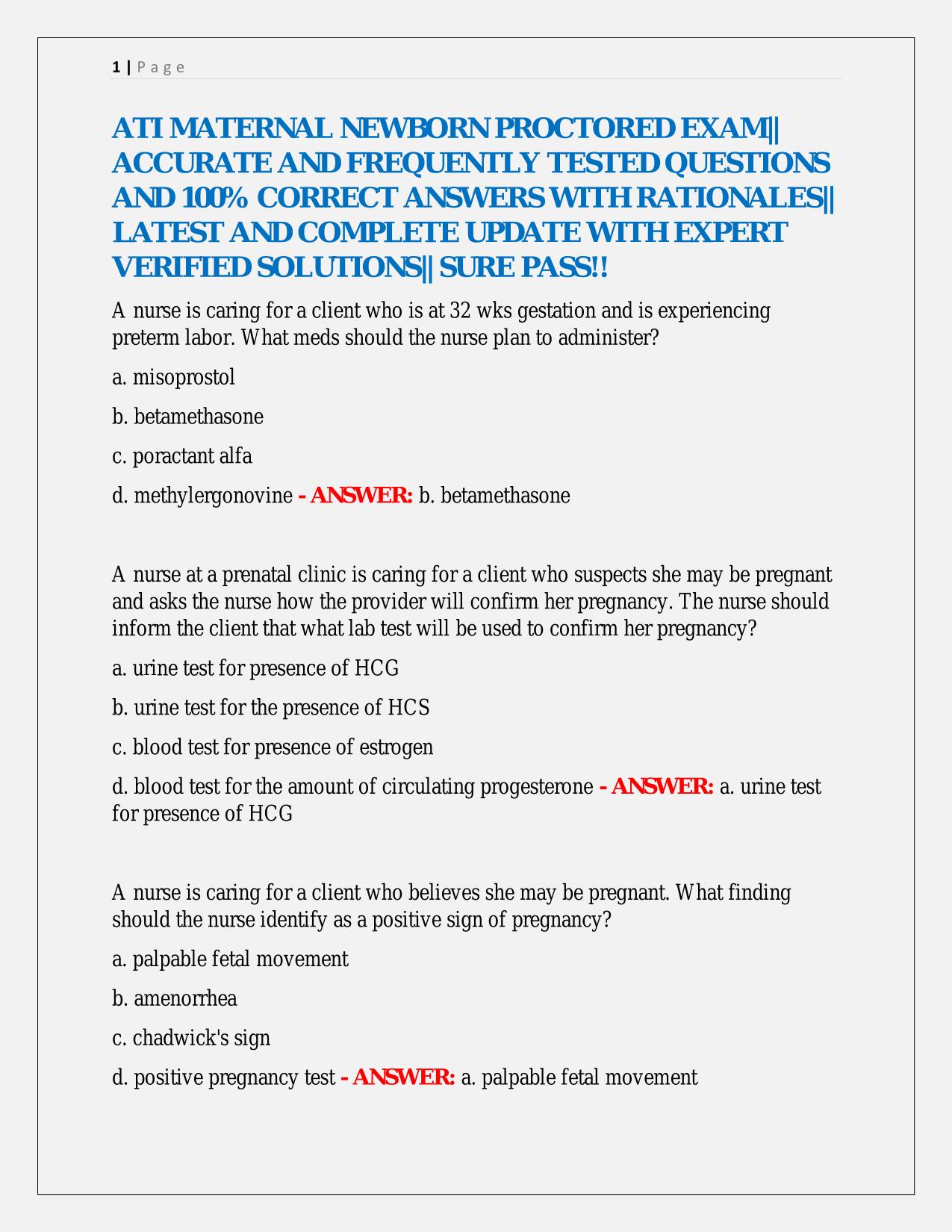 ATI MATERNAL NEWBORN PROCTORED EXAM|| ACCURATE AND FREQUENTLY TESTED QUESTIONS AND 100% CORRECT ANSWERS WITH RATIONALES|| LATEST AND COMPLETE UPDATE WITH EXPERT VERIFIED SOLUTIONS|| SURE PASS!!
