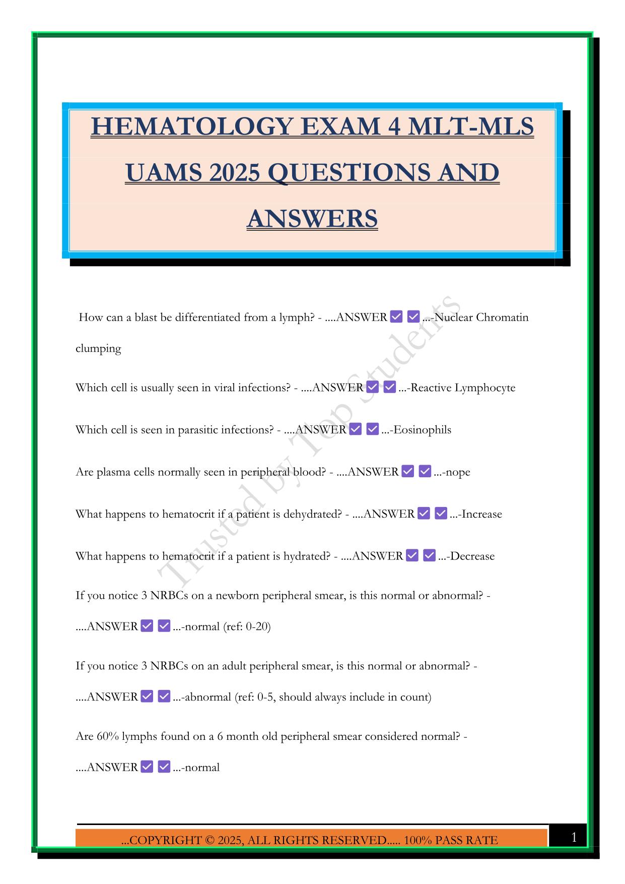 HEMATOLOGY EXAM 4 MLT-MLS UAMS 2025 QUESTIONS AND ANSWERS