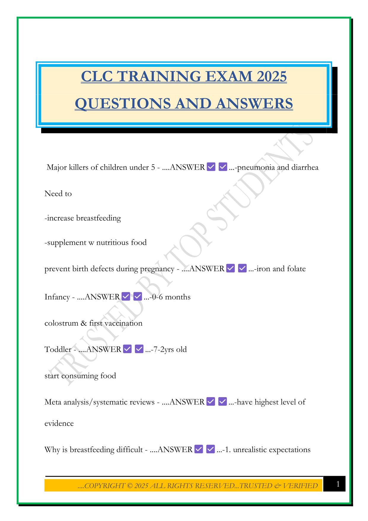 CLC TRAINING EXAM 2025 QUESTIONS AND ANSWERS