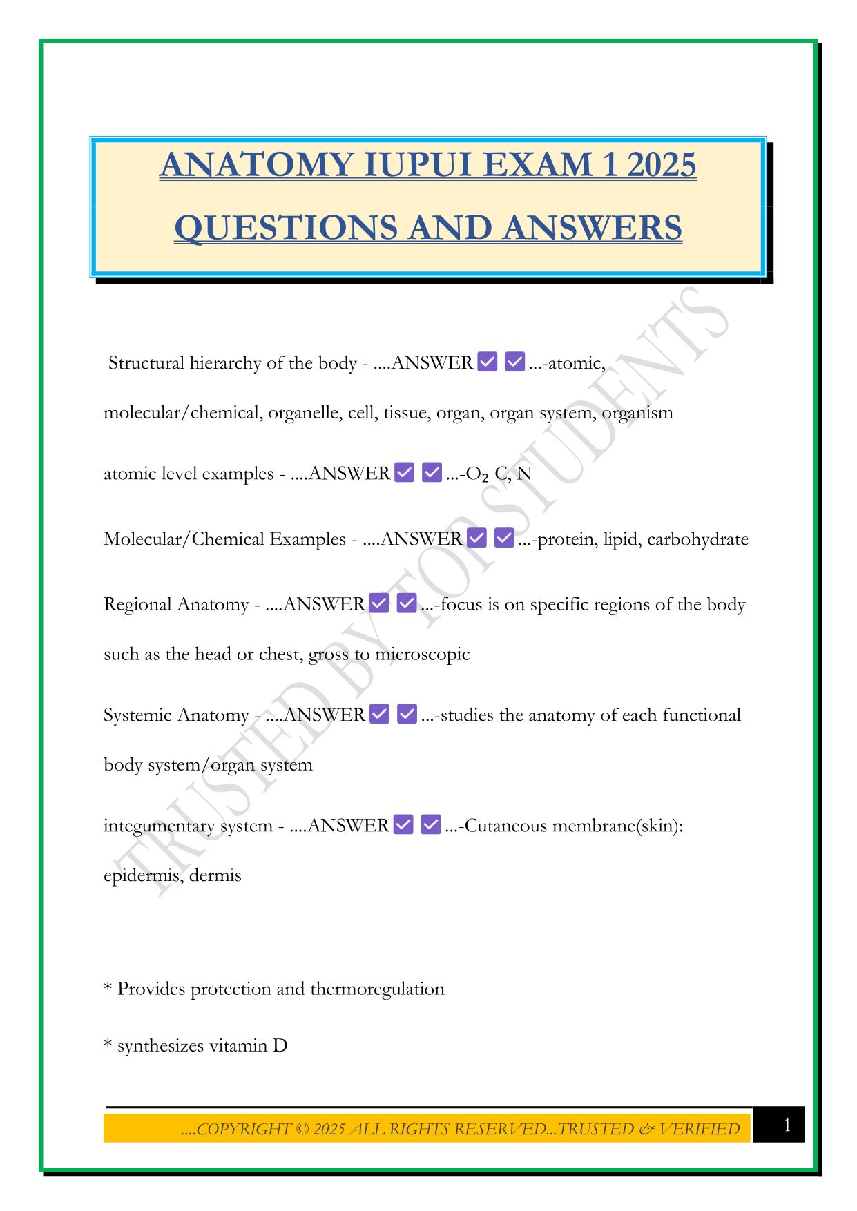 ANATOMY IUPUI EXAM 1 2025 QUESTIONS AND ANSWERS