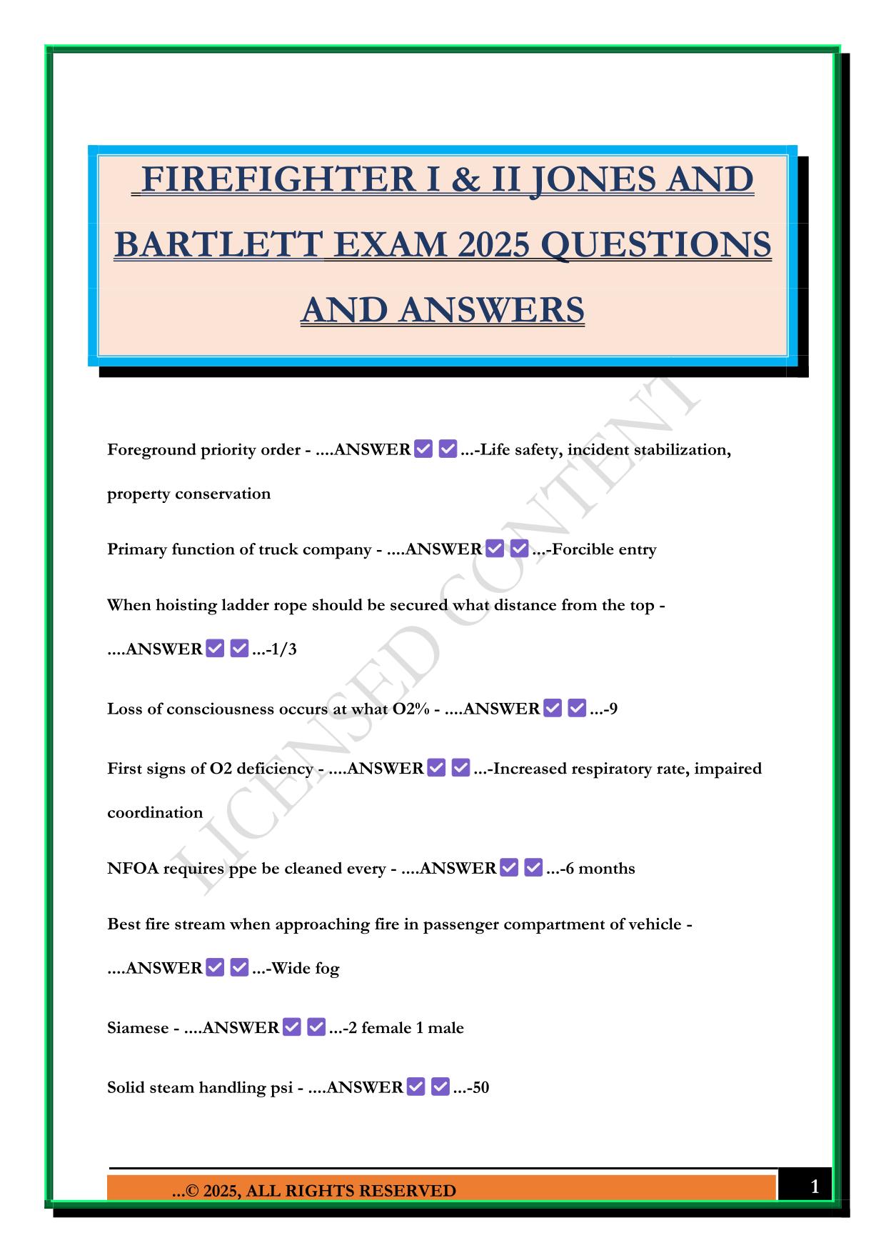 FIREFIGHTER I & II JONES AND BARTLETT EXAM 2025 QUESTIONS AND ANSWERS