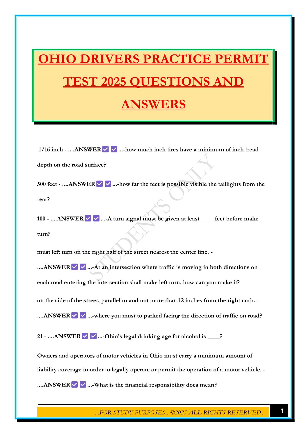 OHIO DRIVERS PRACTICE PERMIT TEST 2025 QUESTIONS AND ANSWERS