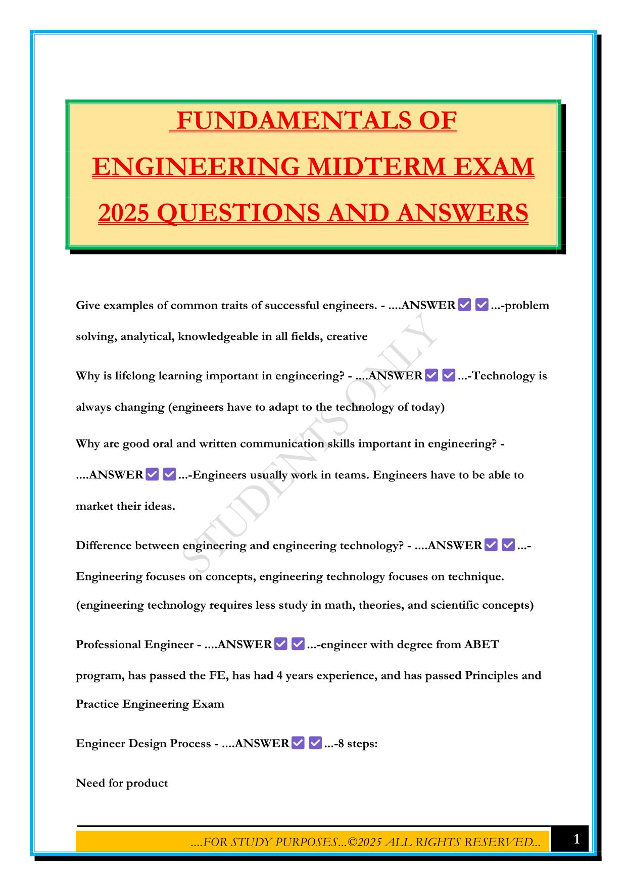 FUNDAMENTALS OF ENGINEERING Bundled Exams 2025/2026 |Questions and Answers |100% Pass