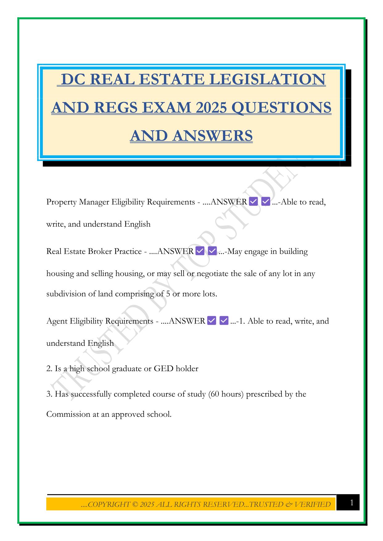 DC REAL ESTATE LEGISLATION AND REGS EXAM 2025 QUESTIONS AND ANSWERS
