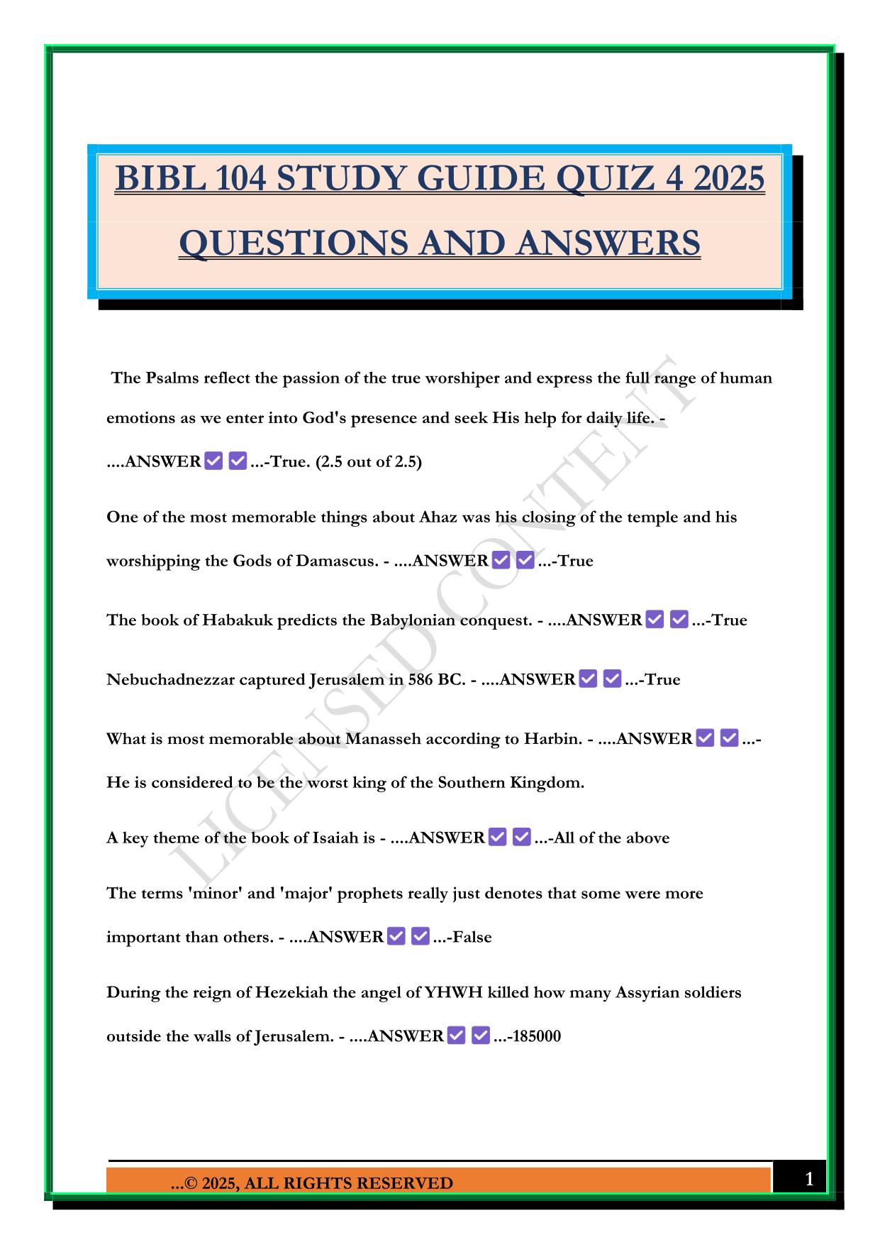 BIBL 104 STUDY GUIDE QUIZ 4 2025 QUESTIONS AND ANSWERS