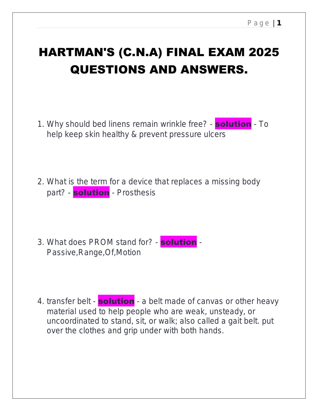 HARTMAN'S (C.N.A) FINAL EXAM 2025 QUESTIONS AND ANSWERS.