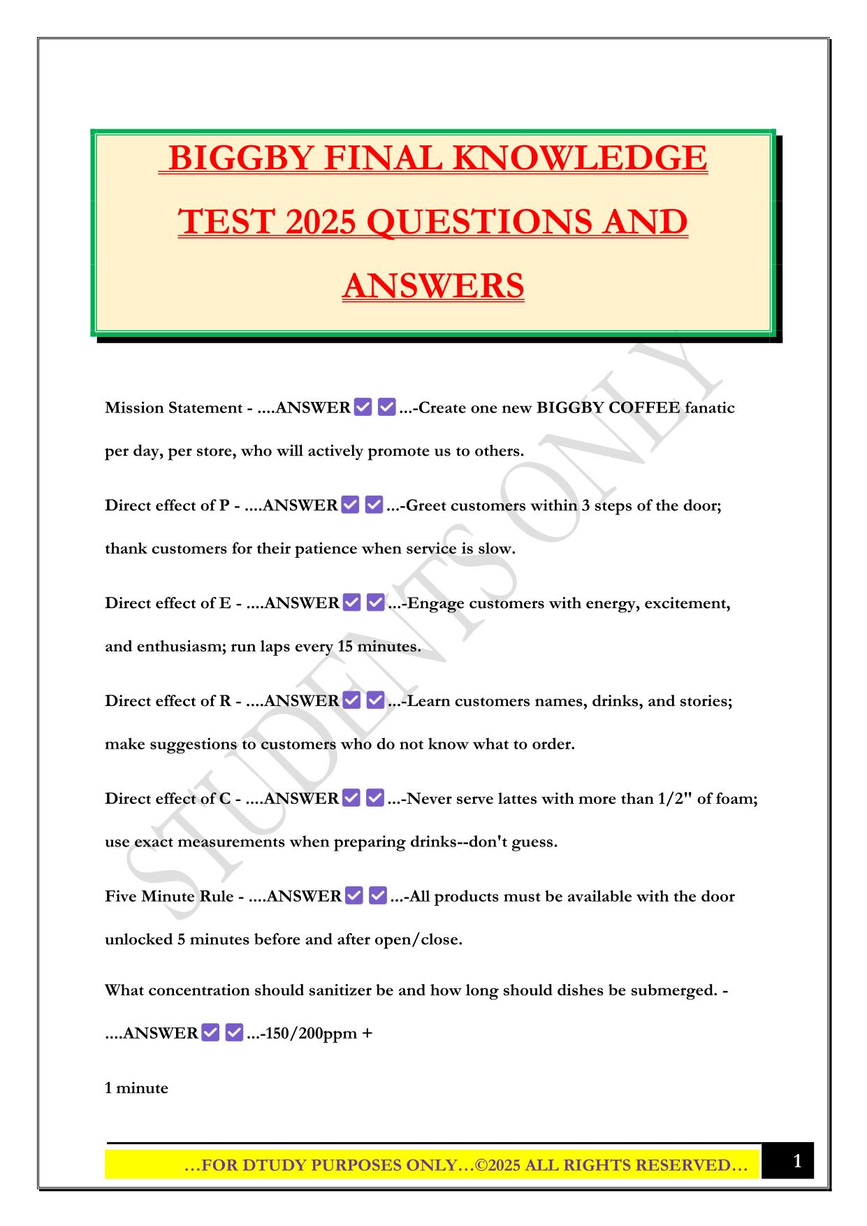 BIGGBY FINAL KNOWLEDGE TEST 2025 QUESTIONS AND ANSWER