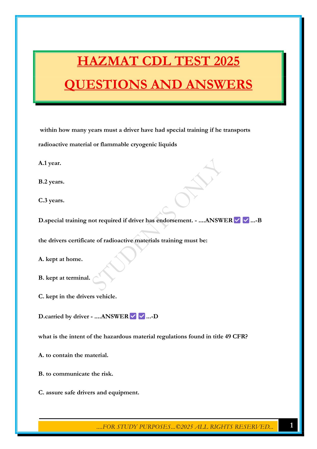 HAZMAT CDL TEST 2025 QUESTIONS AND ANSWERS