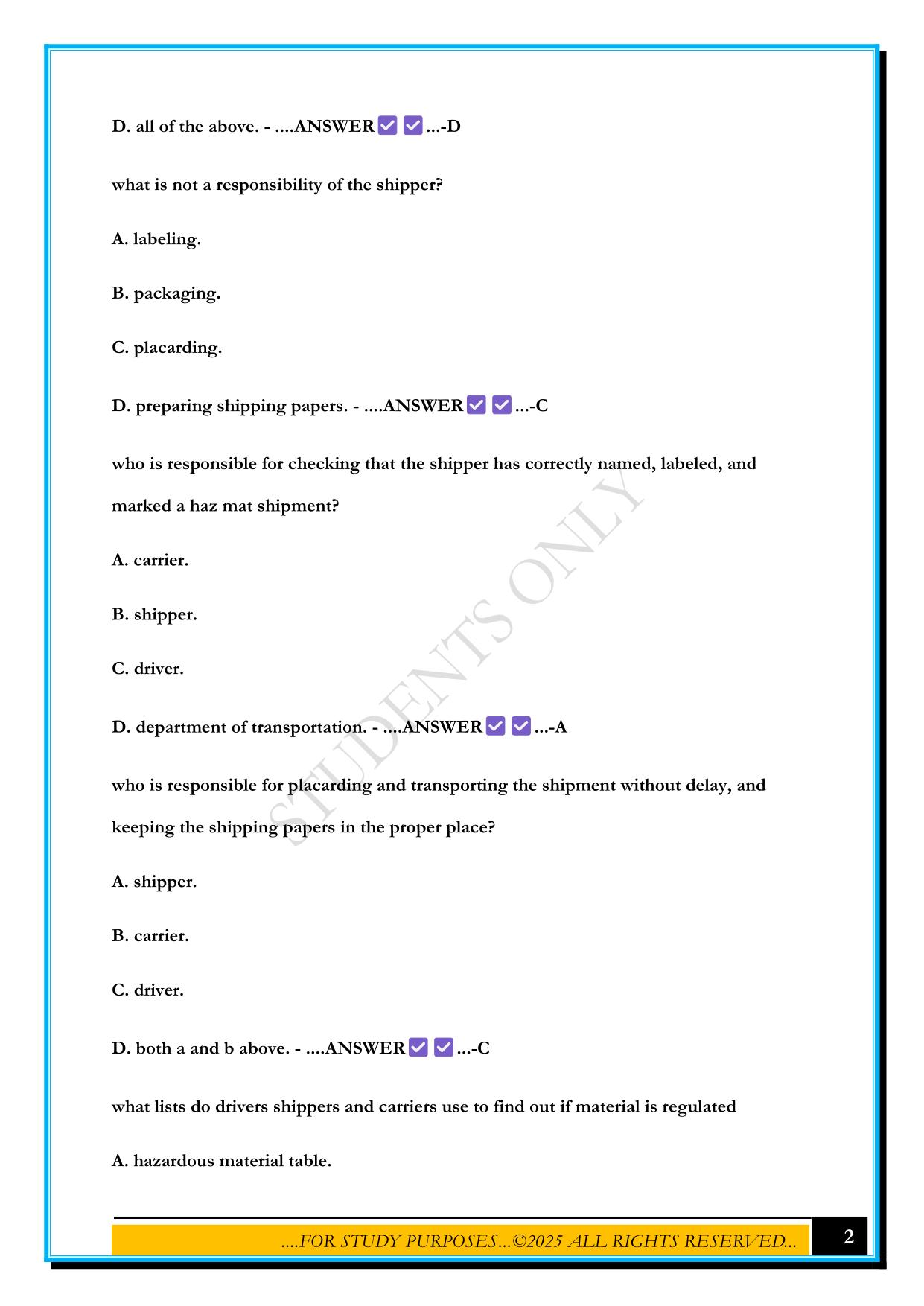 HAZMAT CDL TEST 2025 QUESTIONS AND ANSWERS