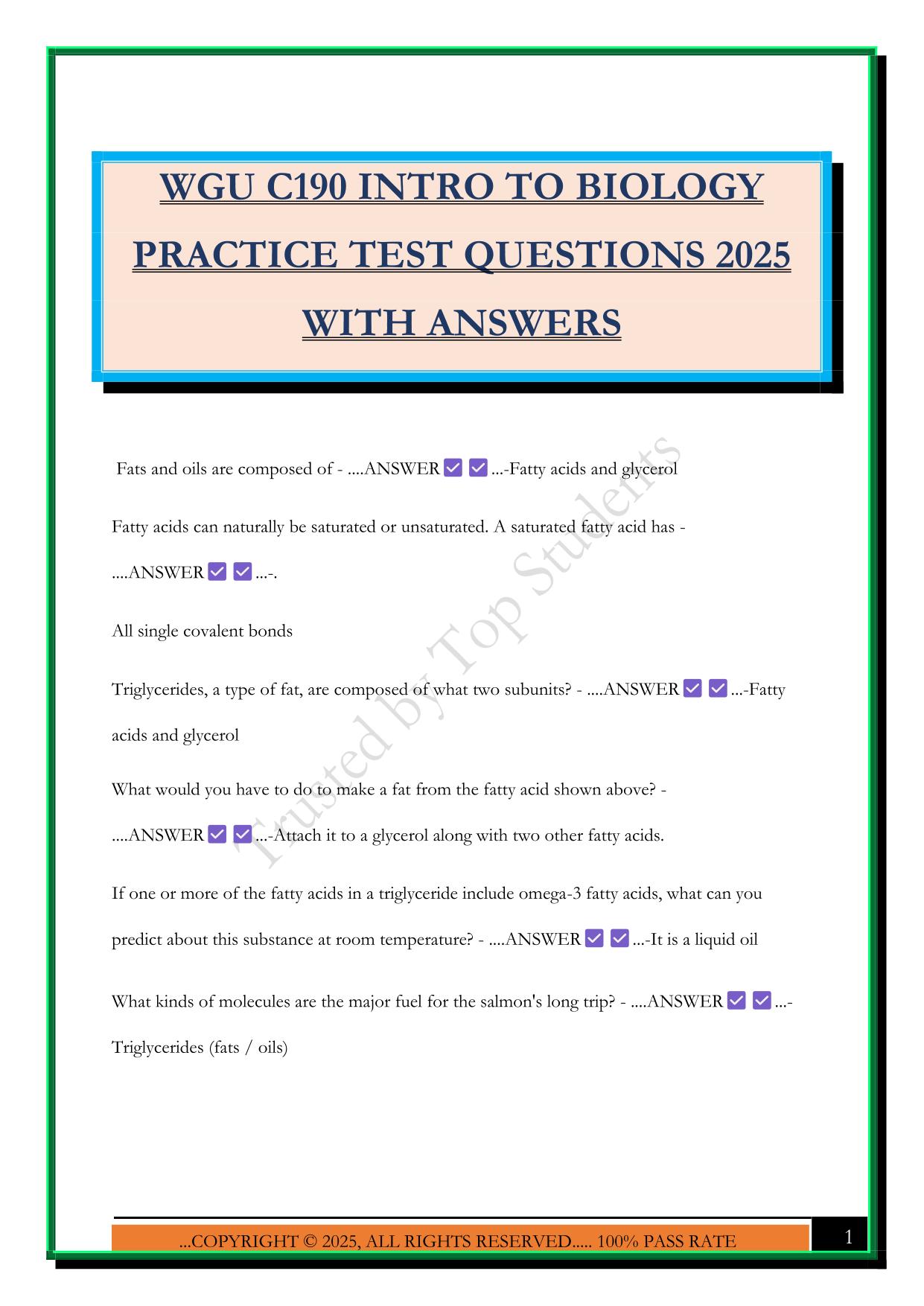 WGU C190 INTRO TO BIOLOGY PRACTICE TEST QUESTIONS 2025 WITH ANSWERS
