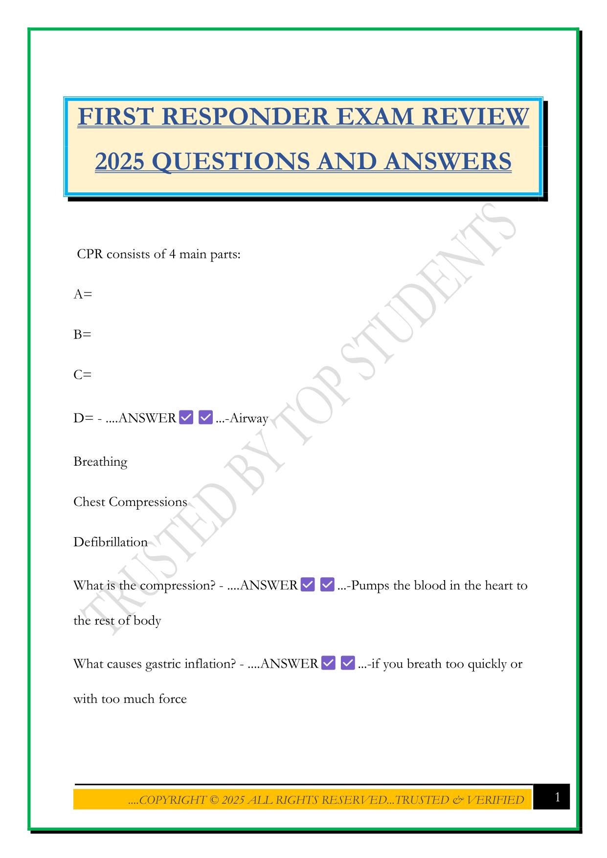 FIRST RESPONDER EXAM REVIEW 2025 QUESTIONS AND ANSWERS