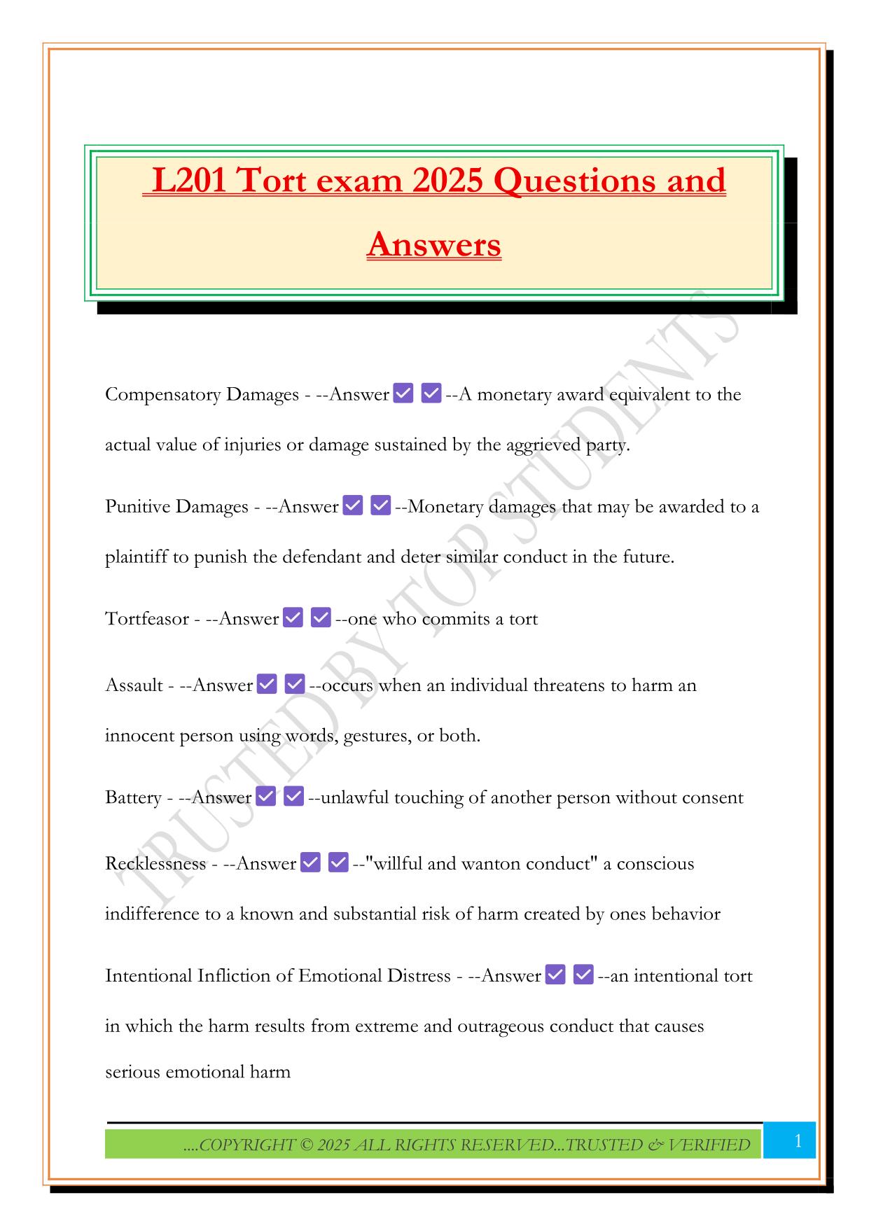 L201 Tort exam 2025 Questions and Answers