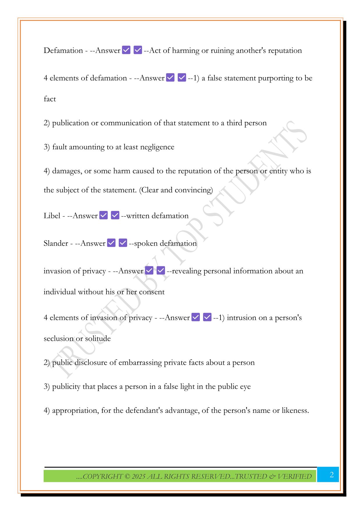 L201 Tort exam 2025 Questions and Answers