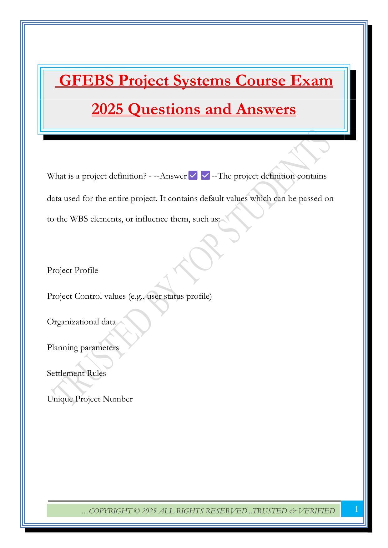 GFEBS Project Systems Course Exam 2025 Questions and Answers