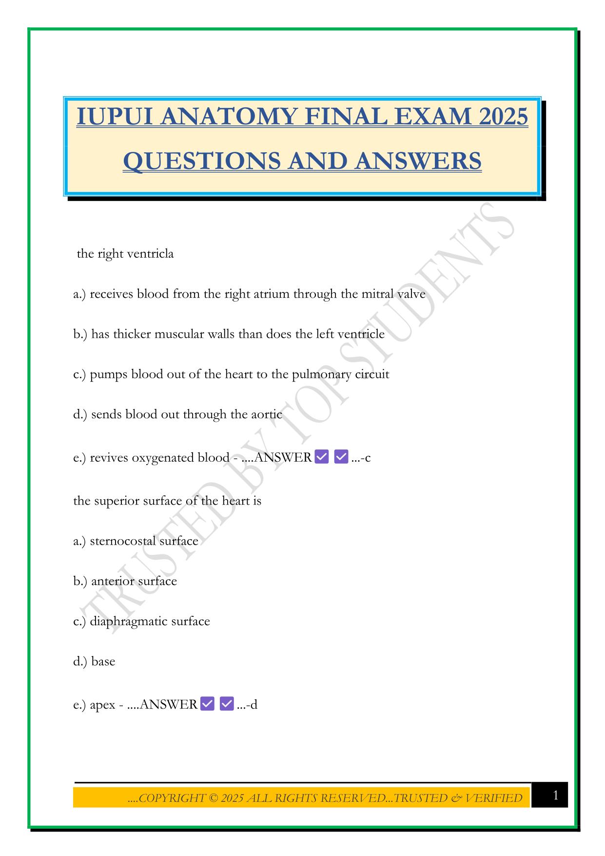 IUPUI ANATOMY FINAL EXAM 2025 QUESTIONS AND ANSWERS
