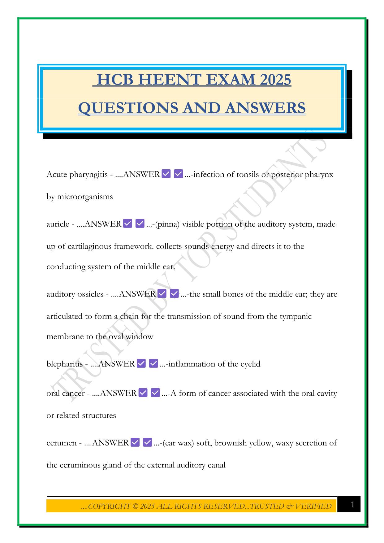 HCB HEENT EXAM 2025 QUESTIONS AND ANSWERS