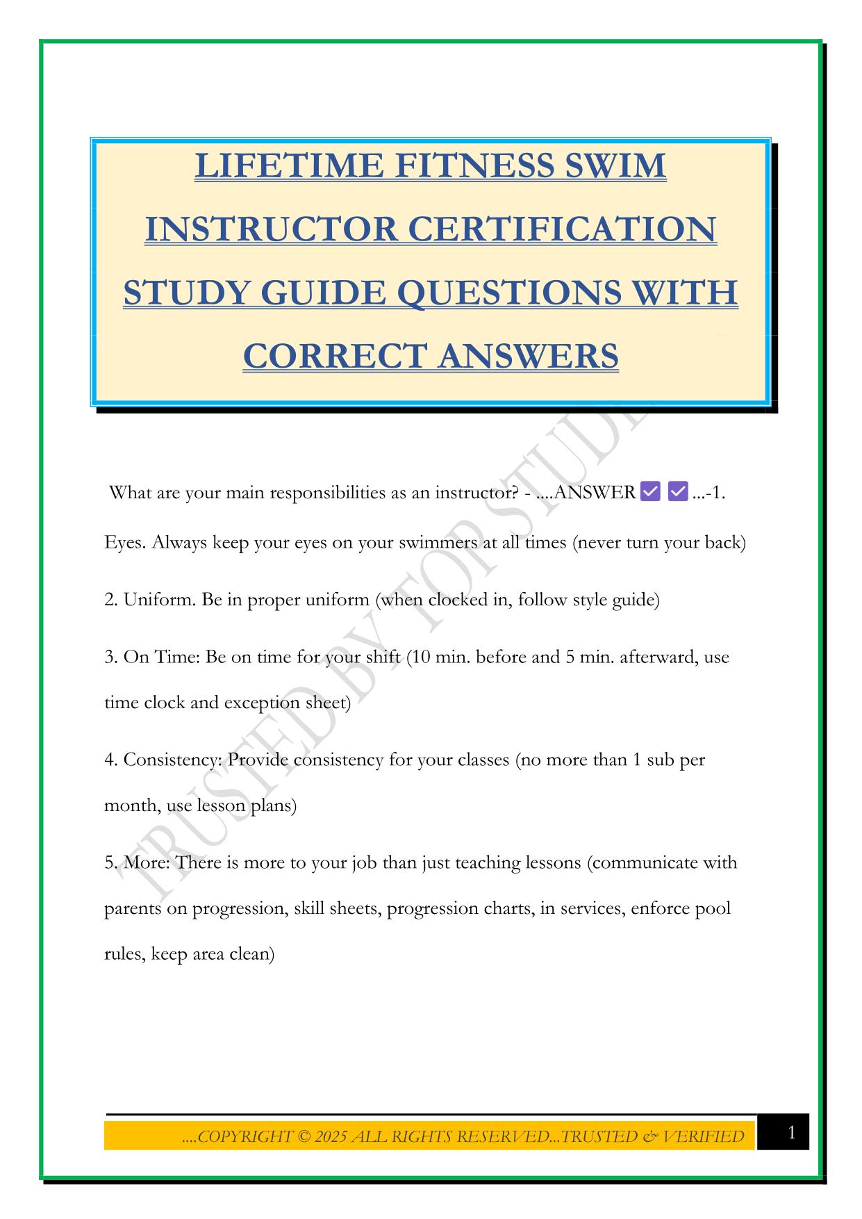 LIFETIME FITNESS SWIM INSTRUCTOR CERTIFICATION STUDY GUIDE QUESTIONS WITH CORRECT ANSWERS