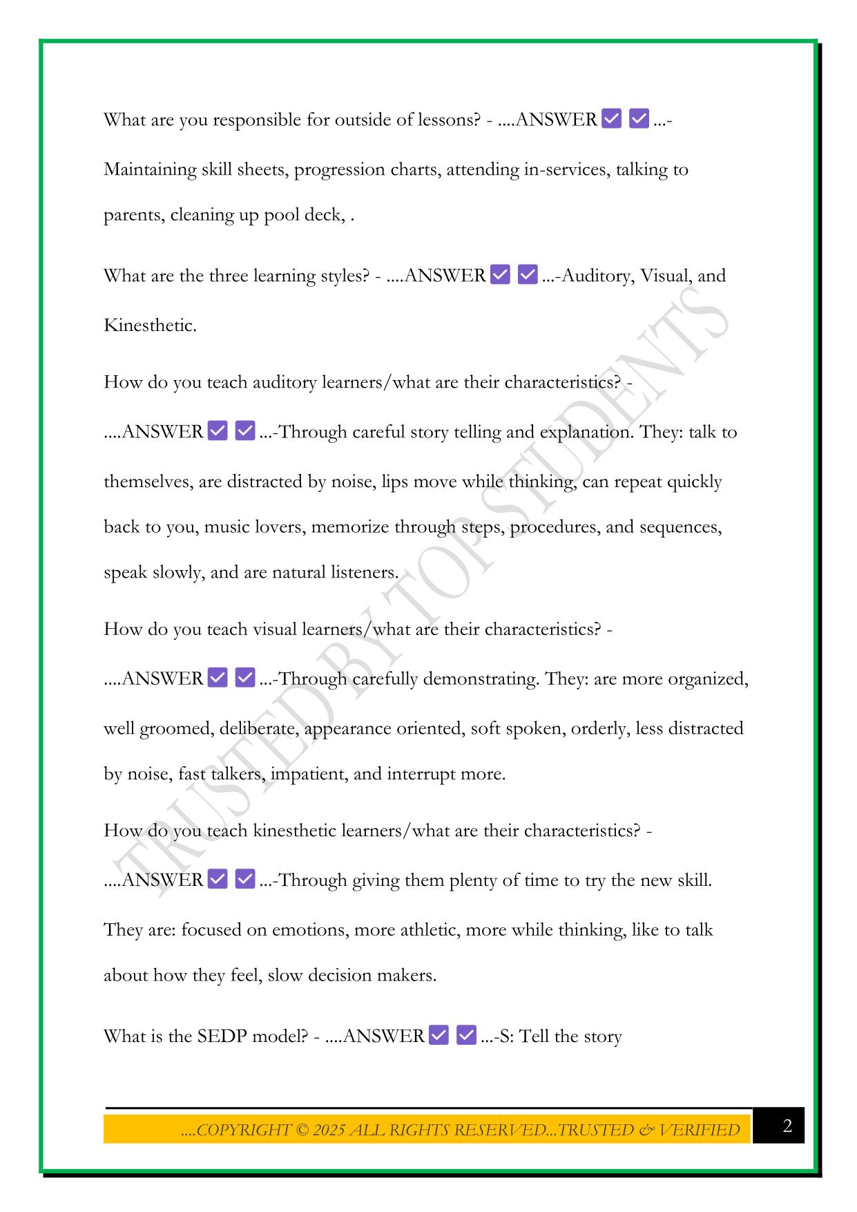 LIFETIME FITNESS SWIM INSTRUCTOR CERTIFICATION STUDY GUIDE QUESTIONS WITH CORRECT ANSWERS