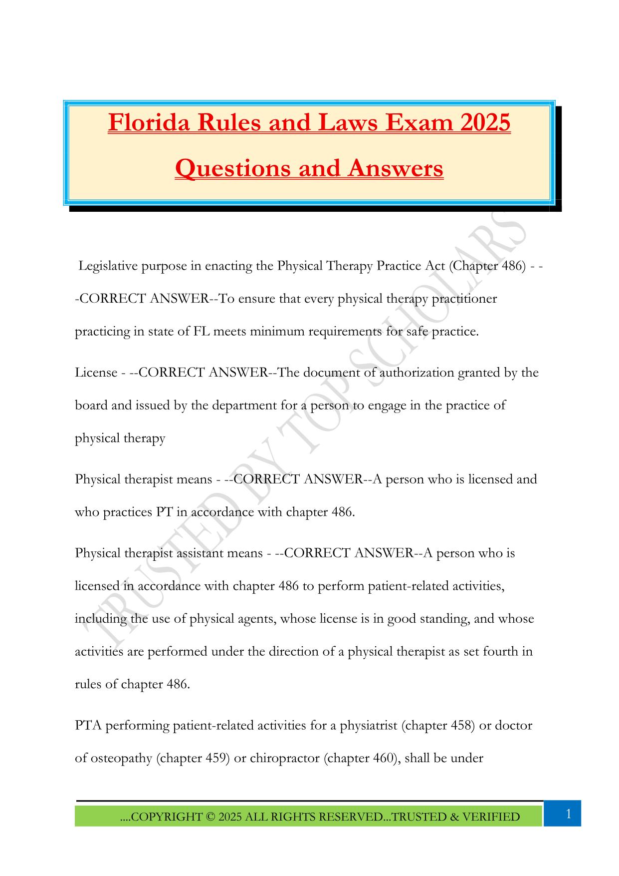 Florida Rules and Laws Exam 2025 Questions and Answers