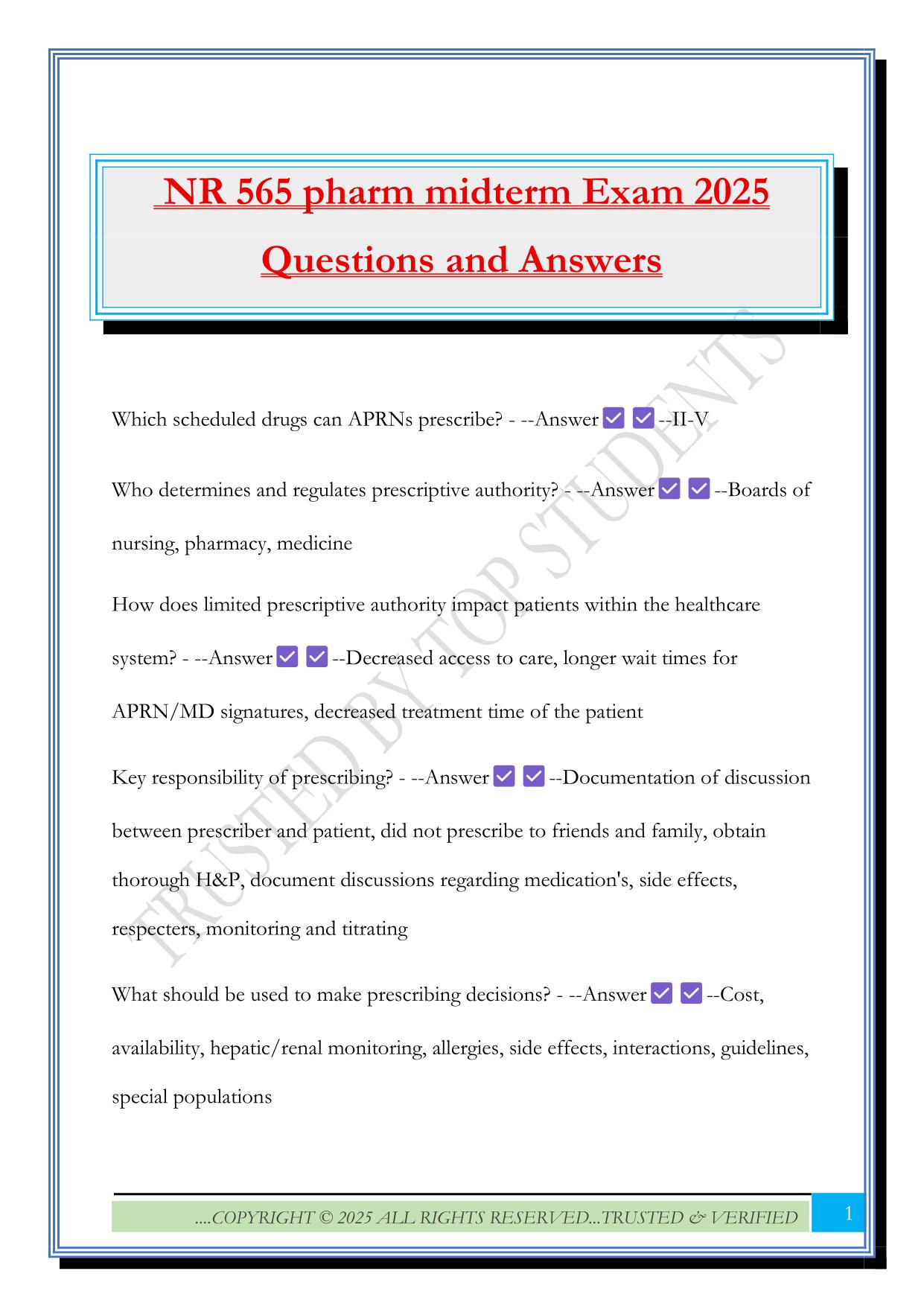 NR 565 pharm midterm Exam 2025 Questions and Answers