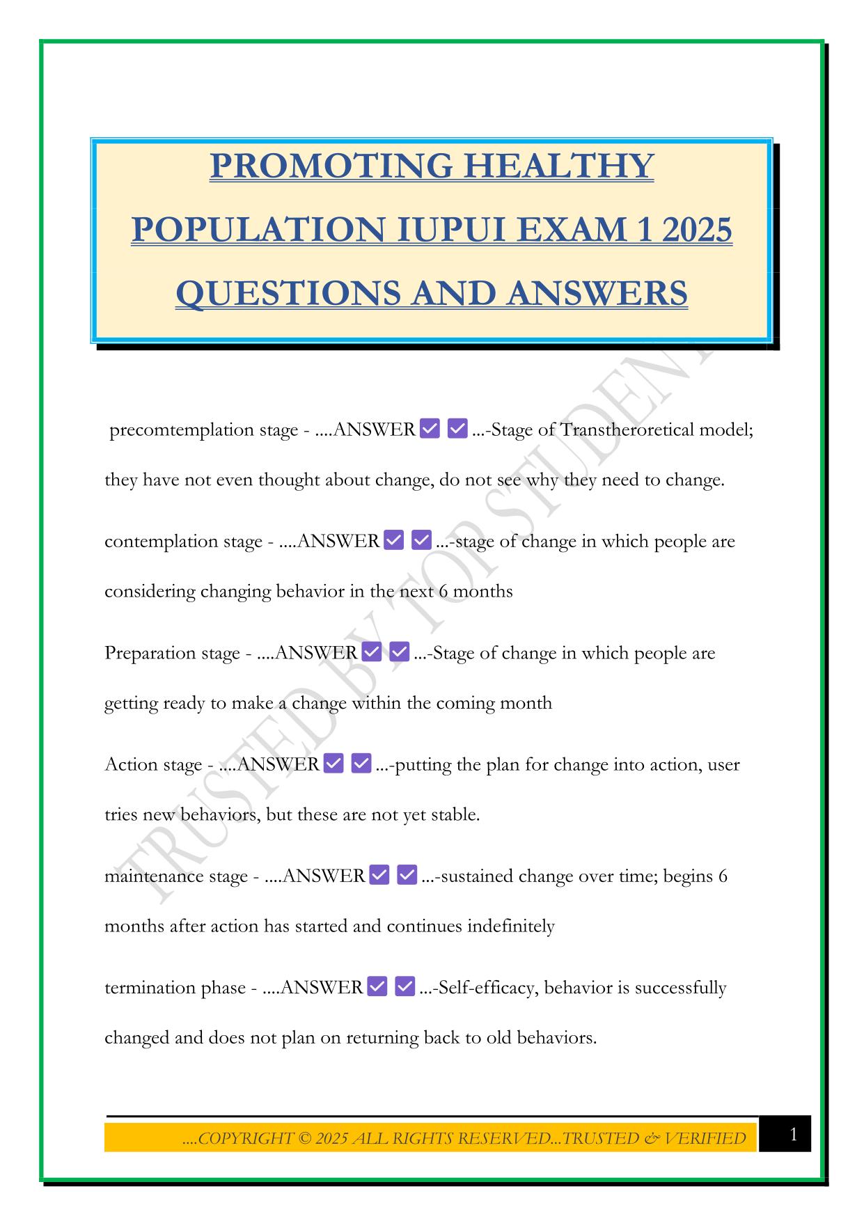 PROMOTING HEALTHY POPULATION IUPUI EXAM 1 2025 QUESTIONS AND ANSWERS
