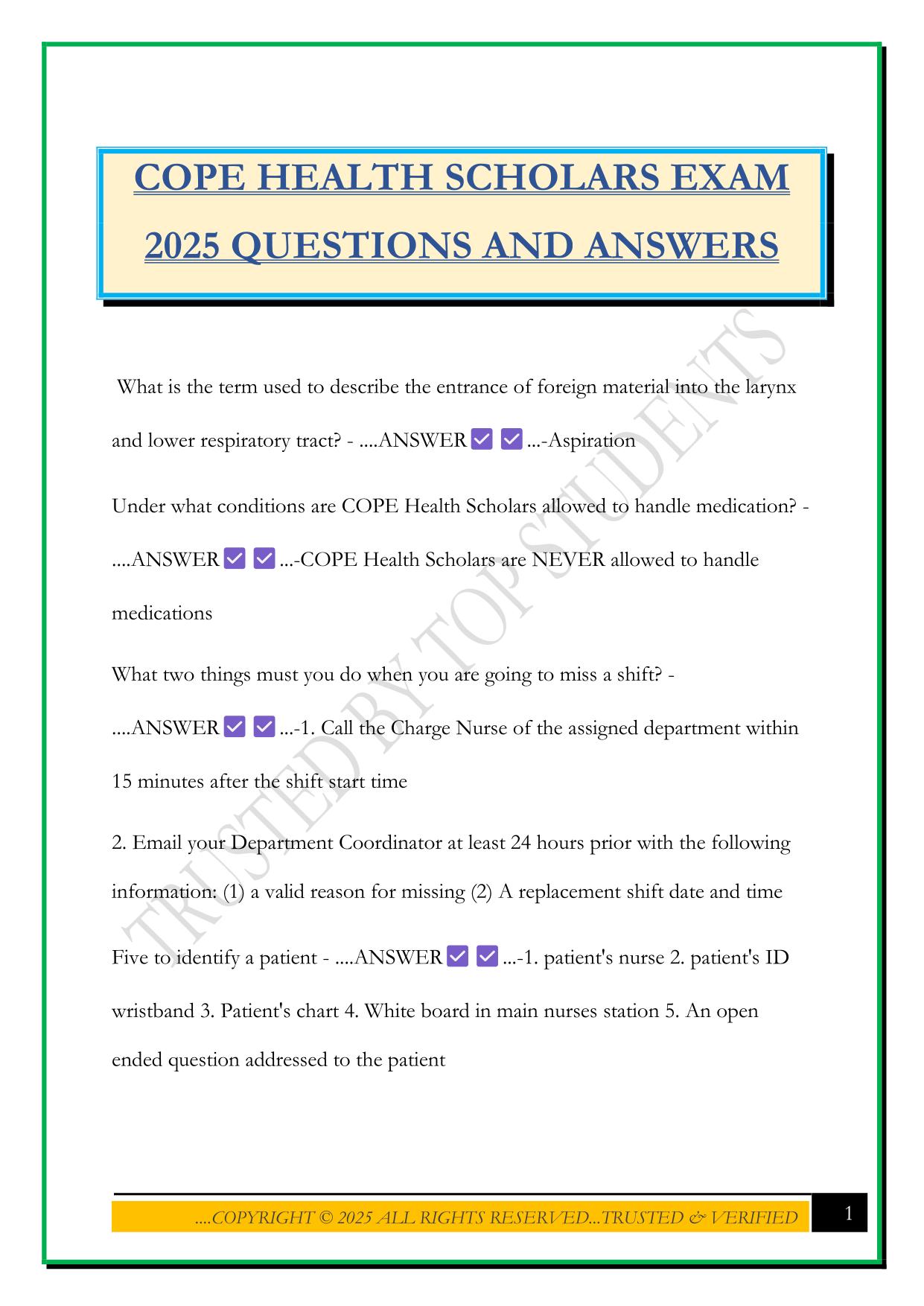 COPE HEALTH SCHOLARS EXAM 2025 QUESTIONS AND ANSWERS