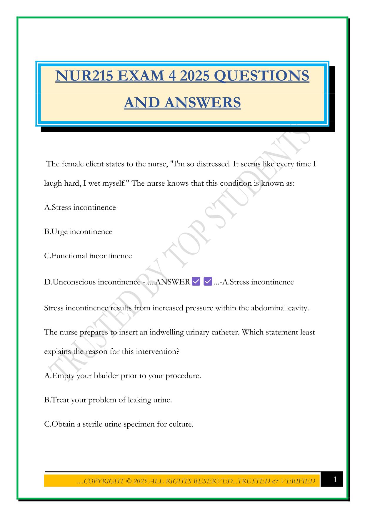 NUR215 EXAM 4 2025 QUESTIONS AND ANSWERS