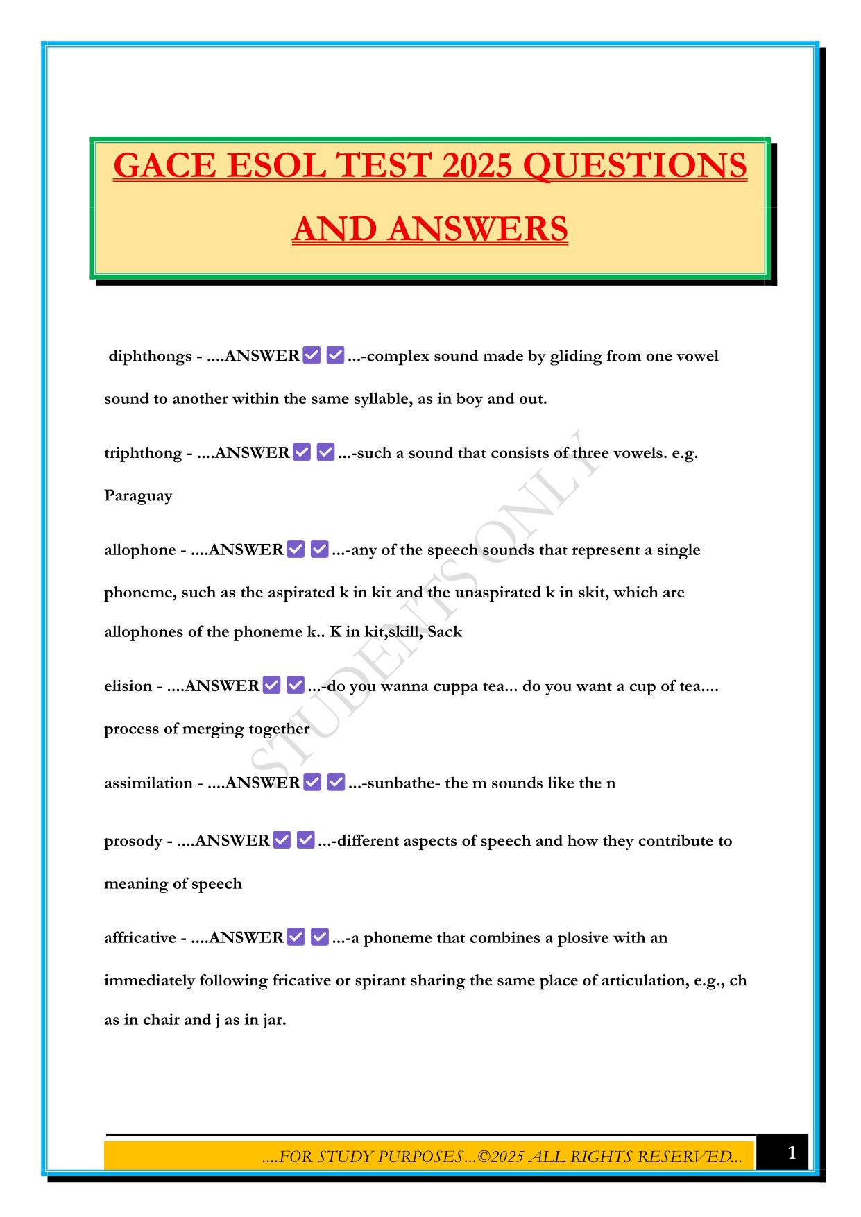 GACE ESOL TEST 2025 QUESTIONS AND ANSWERS