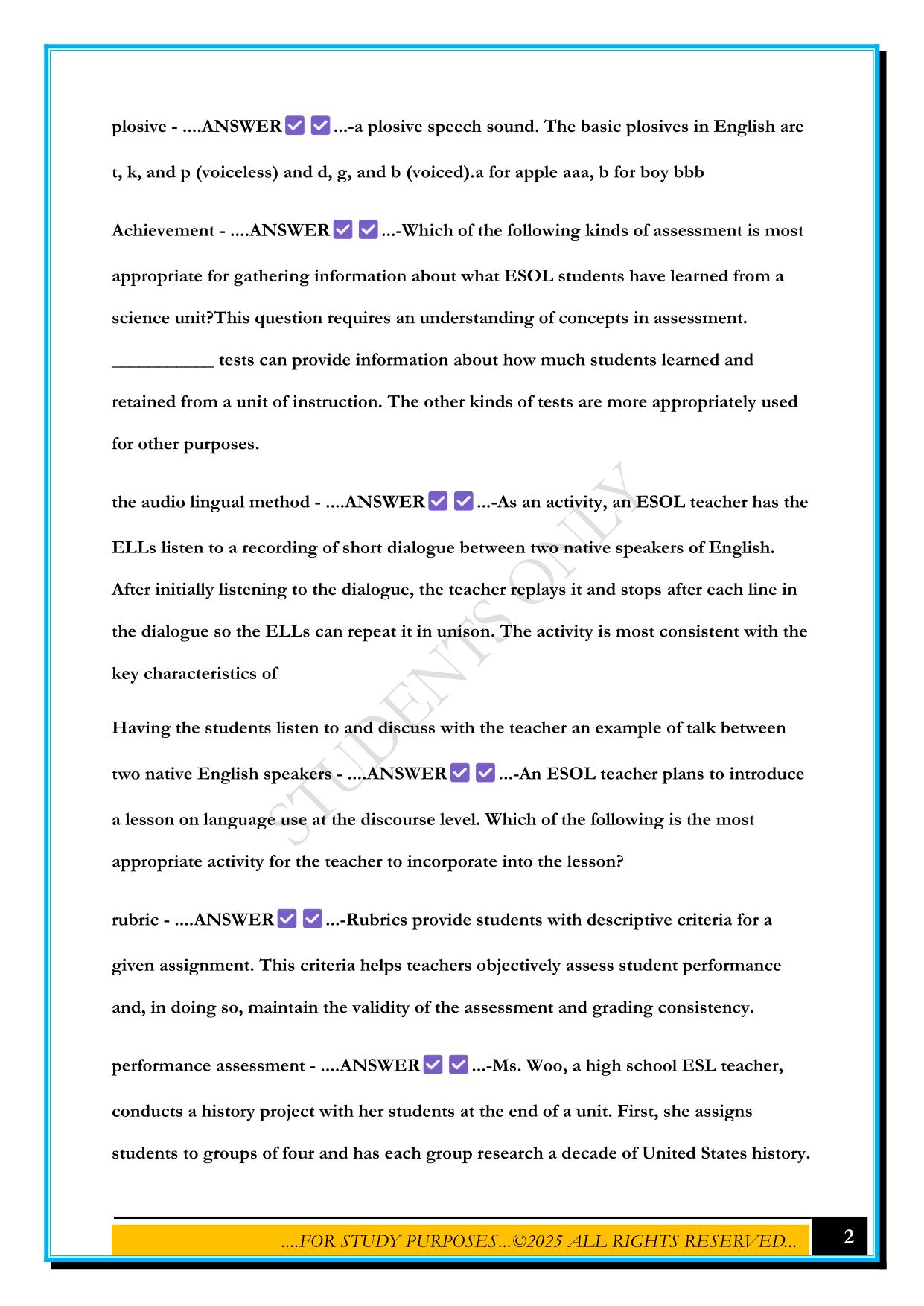 GACE ESOL TEST 2025 QUESTIONS AND ANSWERS