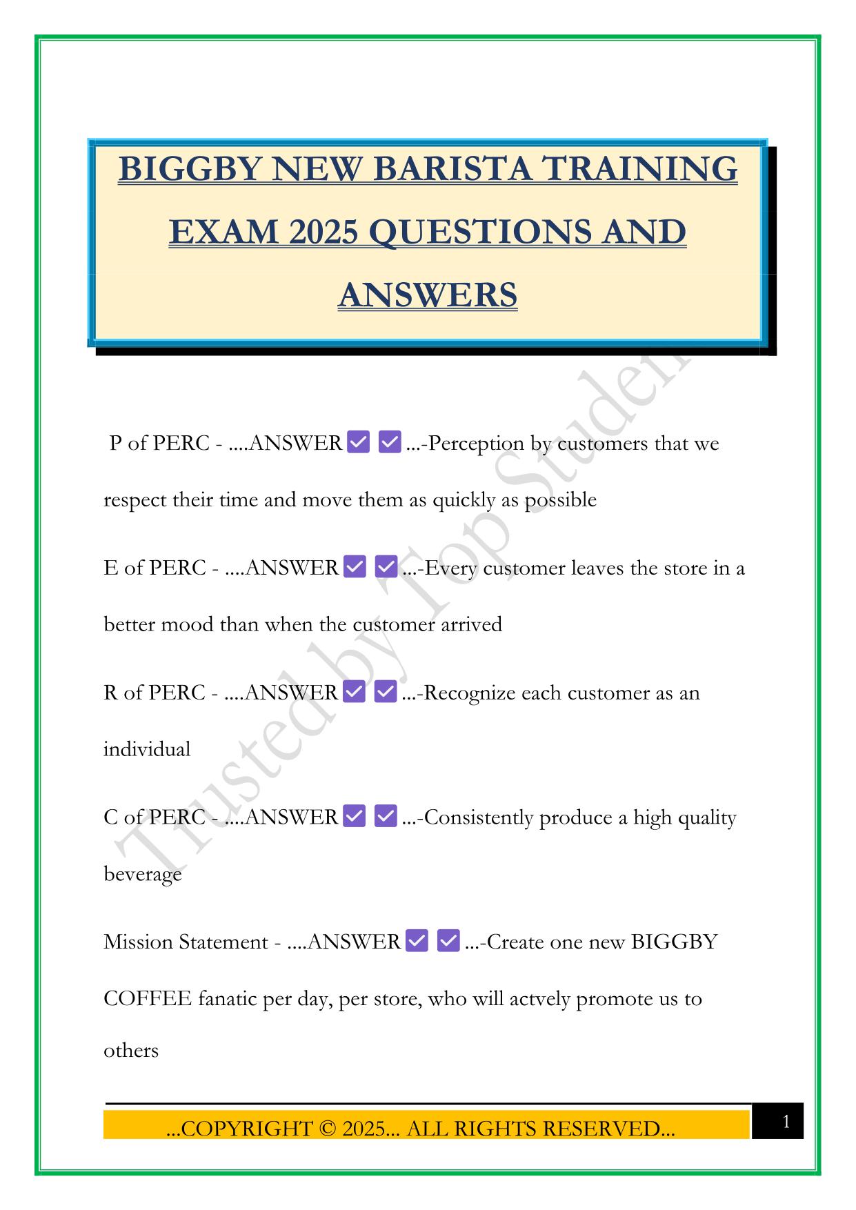 BIGGBY NEW BARISTA TRAINING EXAM 2025 QUESTIONS AND ANSWERS