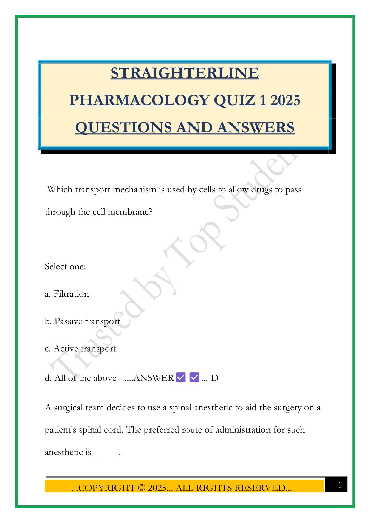 STRAIGHTERLINE PHARMACOLOGY QUIZ 1 2025 QUESTIONS AND ANSWERS