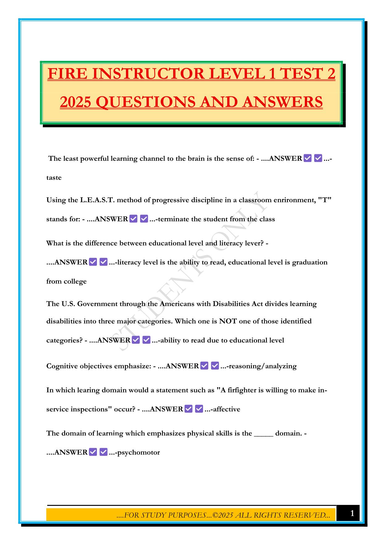 FIRE INSTRUCTOR LEVEL 1 TEST 2 2025 QUESTIONS AND ANSWERS